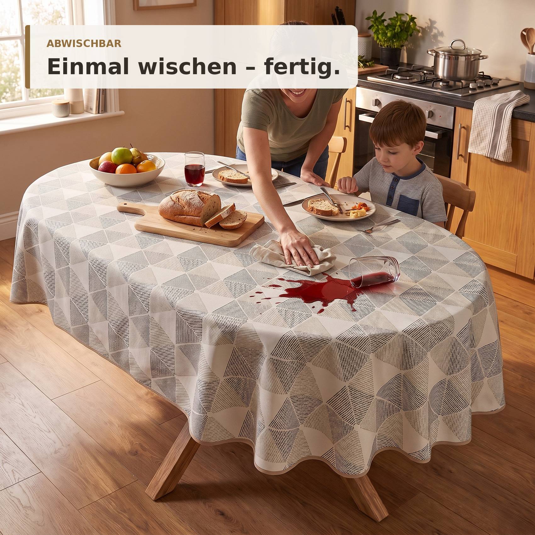 Frau wischt schnell einen Rotweinfleck von der Tischdecke ab, während ein Kind zuschaut; der Text sagt „ABWISCHBAR – Einmal wischen - fertig."