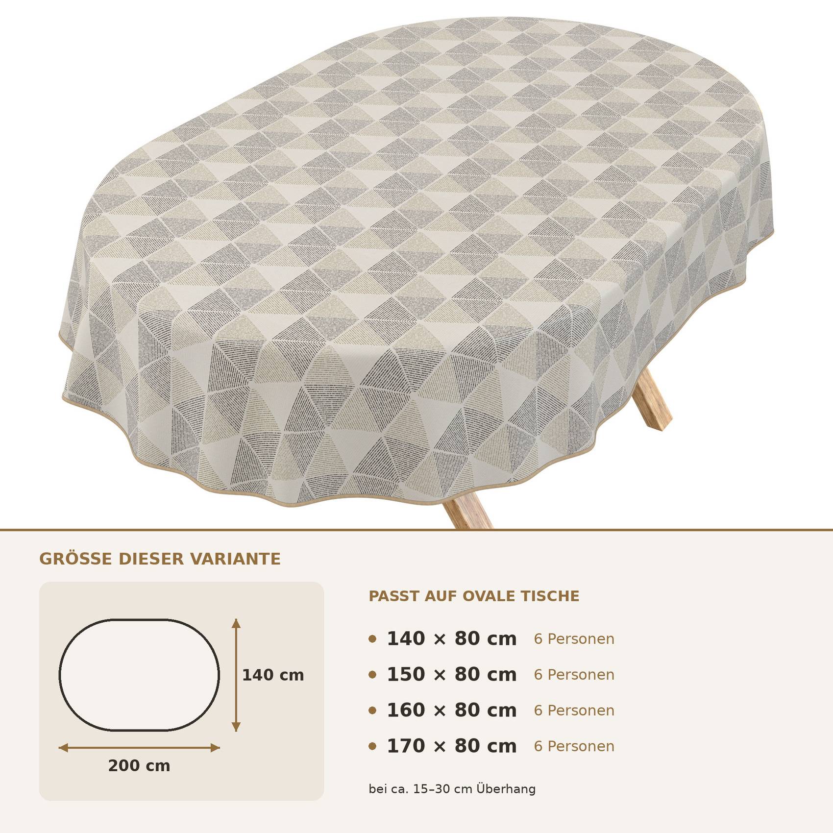 ANRO Wachstuchtischdecke Sula Dreiecksmuster oval 200 x 140 cm mit Saum