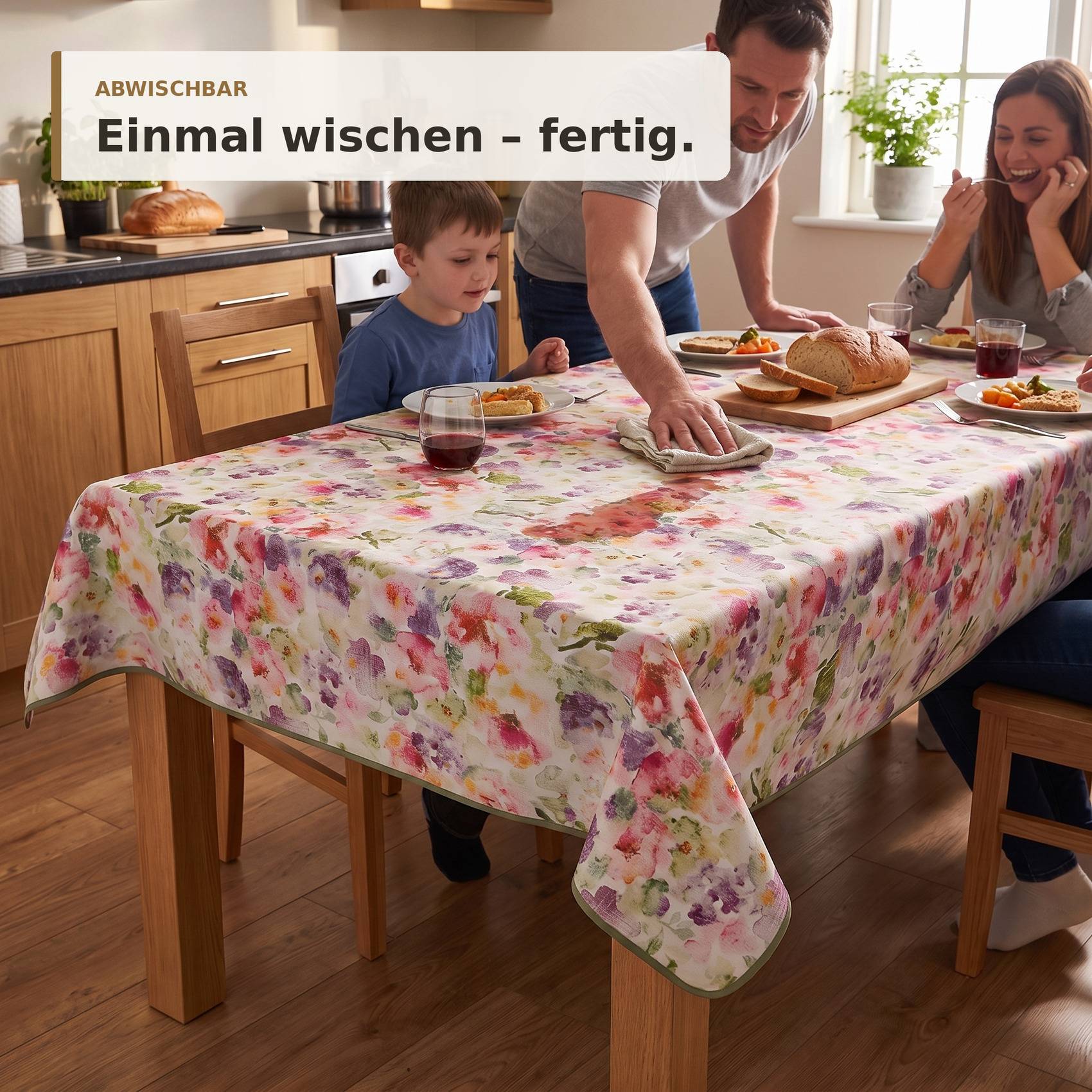 ANRO Wachstuchtischdecke Cintia Aquarellblumen eckig 220 x 140 cm mit Saum