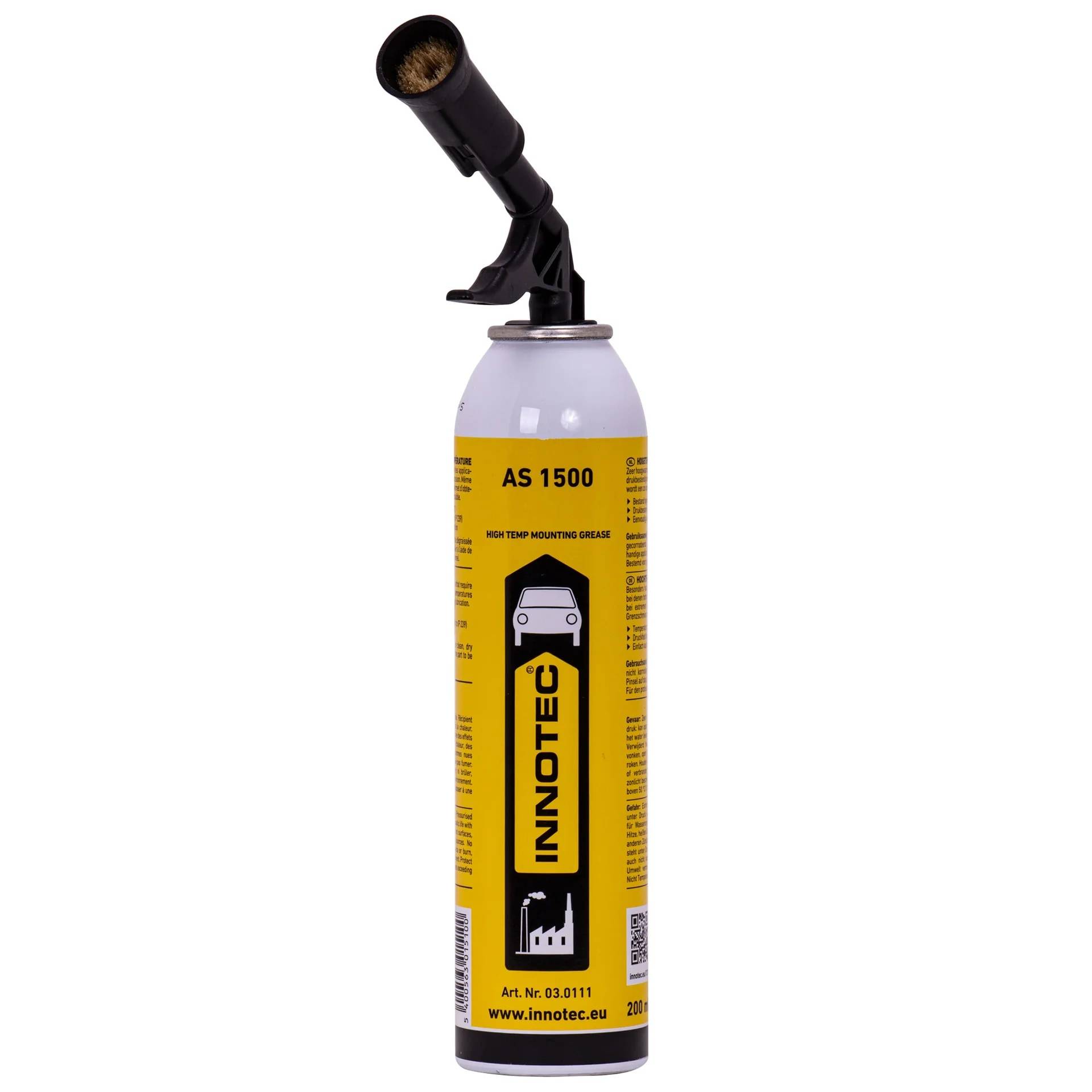 Eine Spraydose mit INNOTEC AS 1500 Hochtemperatur-Montagefett mit einer schwarzen Applikatordüse oben angebracht.