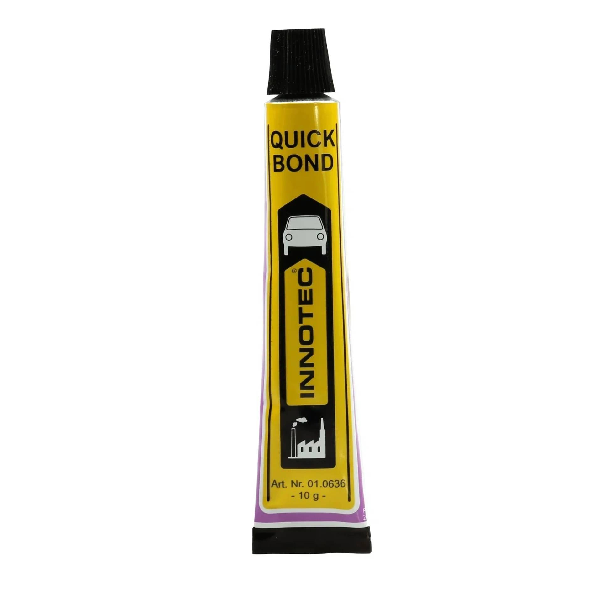 Tube INNOTEC Quick Bond Klebstoff auf weißem Hintergrund, mit schwarzem Deckel und gelbem Etikett.