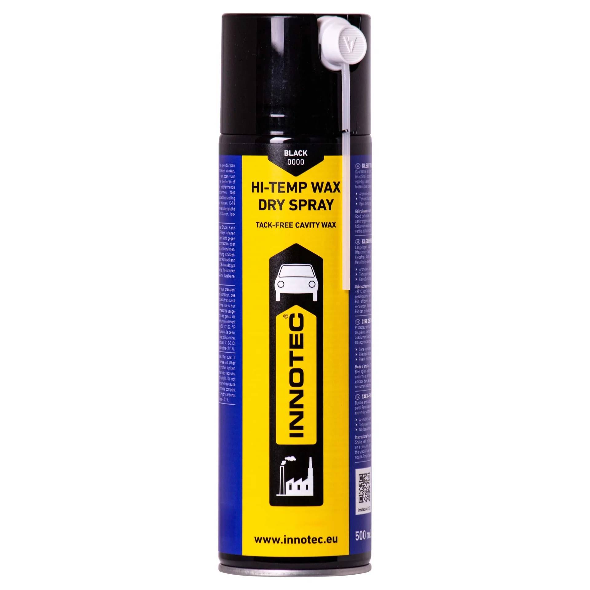 Schwarze Sprühdose von Innotec Hi-Temp Wax Dry Spray, haftungsfreies Hohlraumwachs, 500 ml, mit weißer Düse oben.