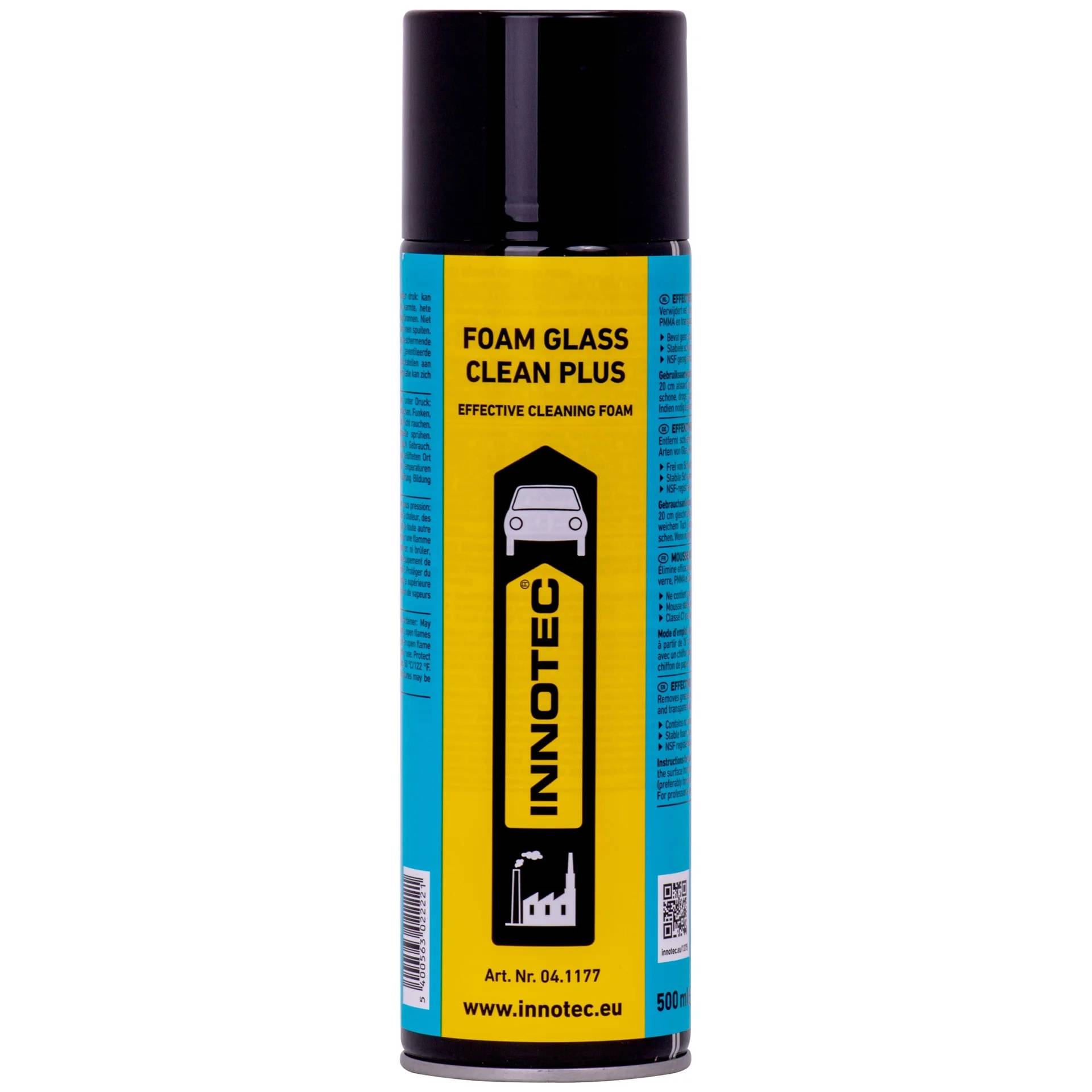 Eine Spraydose mit Innotec Foam Glass Clean Plus Reinigungsschaum mit schwarzem Deckel und gelbblauem Etikett.