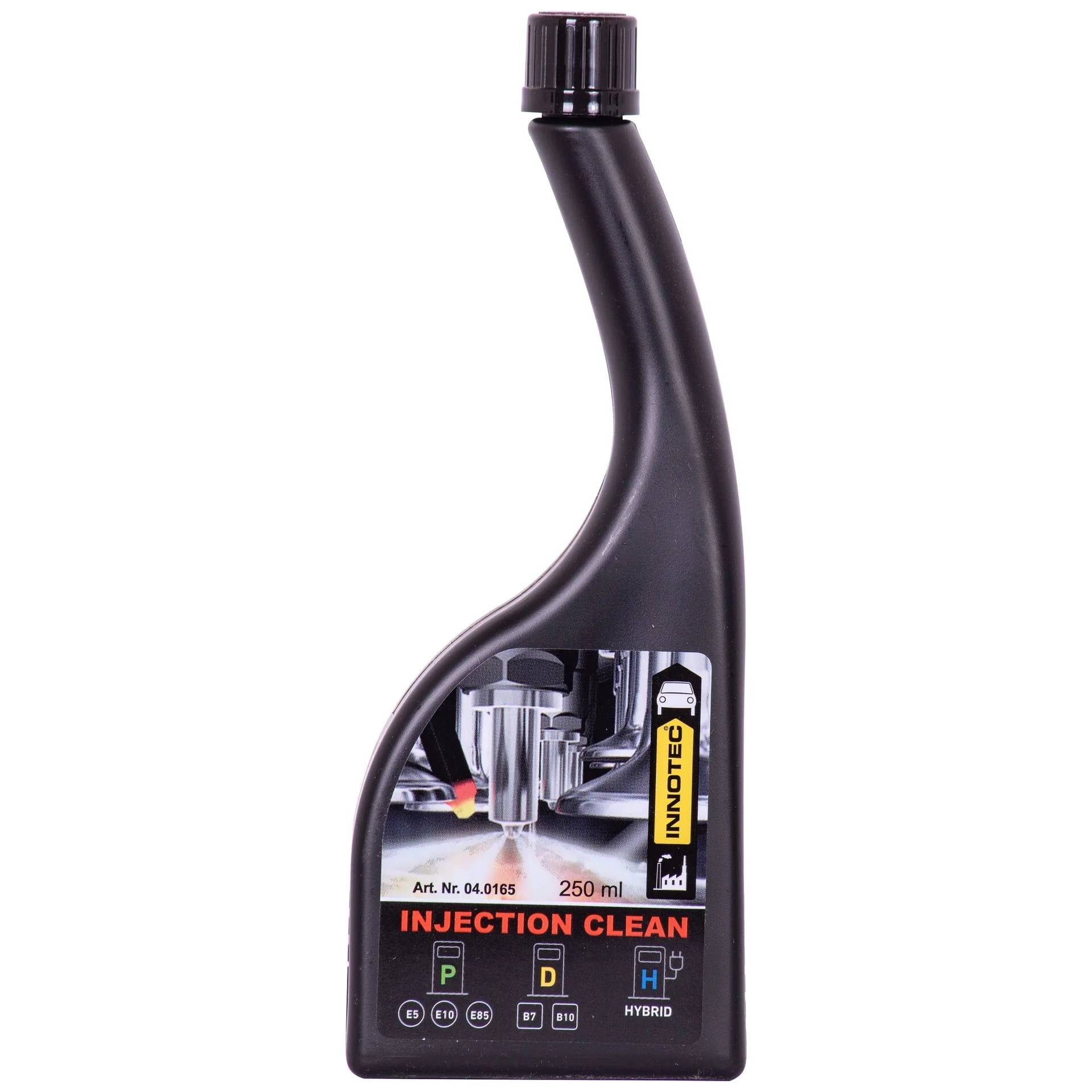 Schwarze Flasche mit 'INJECTION CLEAN' Kraftstoffadditiv mit langem gebogenem Hals und 250-ml-Etikett.
