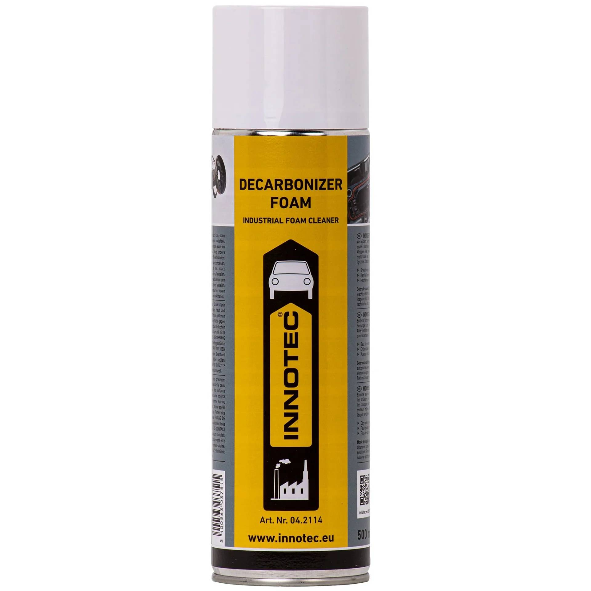 Eine Spraydose mit Innotec Decarbonizer Foam Industrie-Schaumreiniger mit gelbem und schwarzem Etikett.