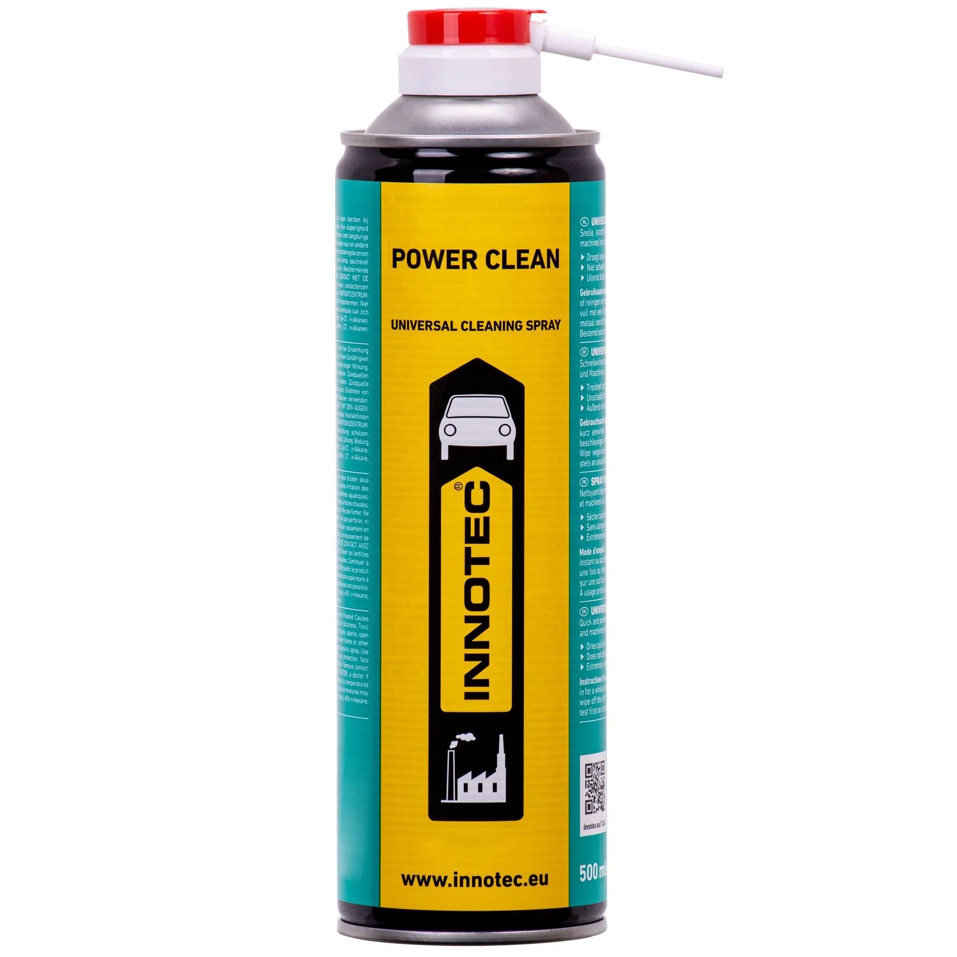 Eine Dose INNOTEC Power Clean Universal-Reinigungsspray mit roter Sprühdüse und gelbem Etikett, gezeigt auf weißem Hintergrund.