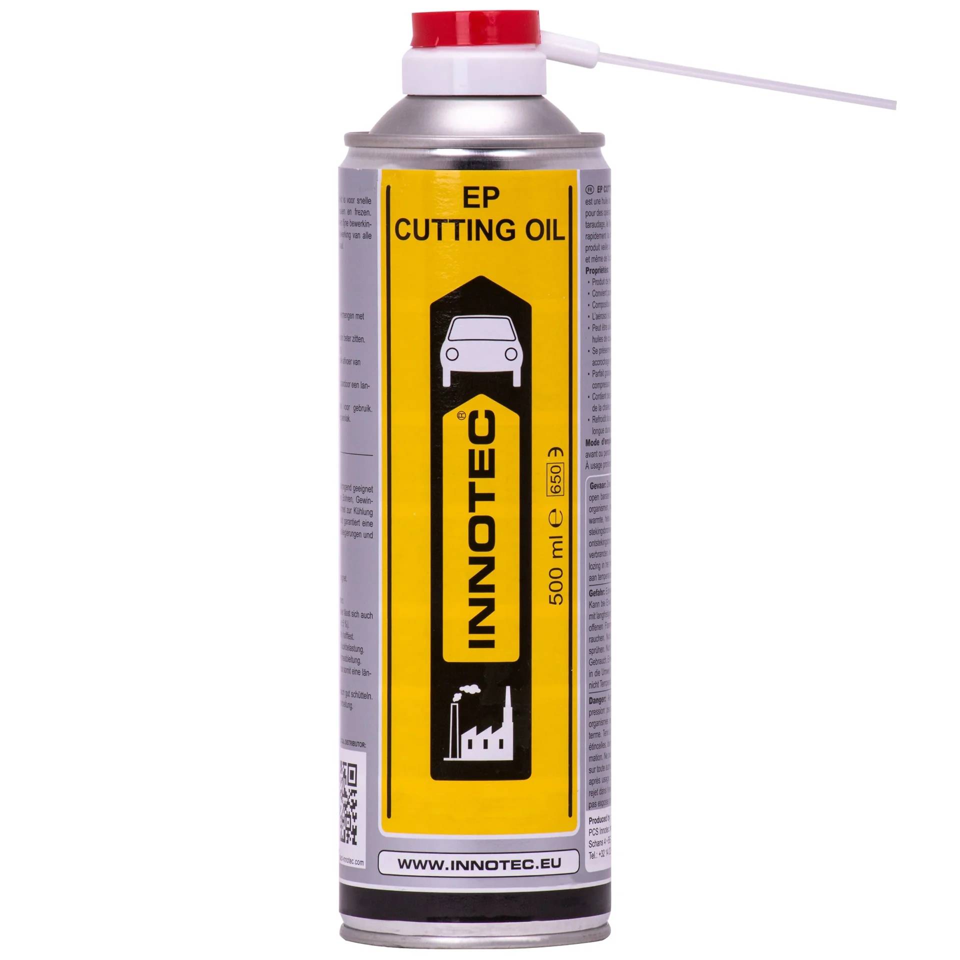 Eine silberne Spraydose mit INNOTEC EP Schneidöl mit roter Kappe und weißer Düse, dargestellt auf weißem Hintergrund.
