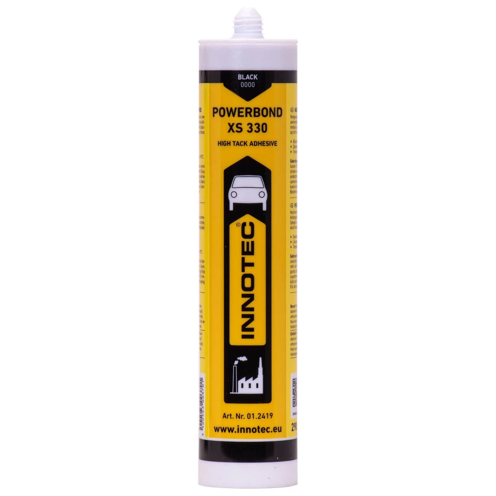 Gelbe Innotec Powerbond XS 330 Hochklebe-Dichtstoffpatrone mit schwarzem Etikett und Düsenspitze.