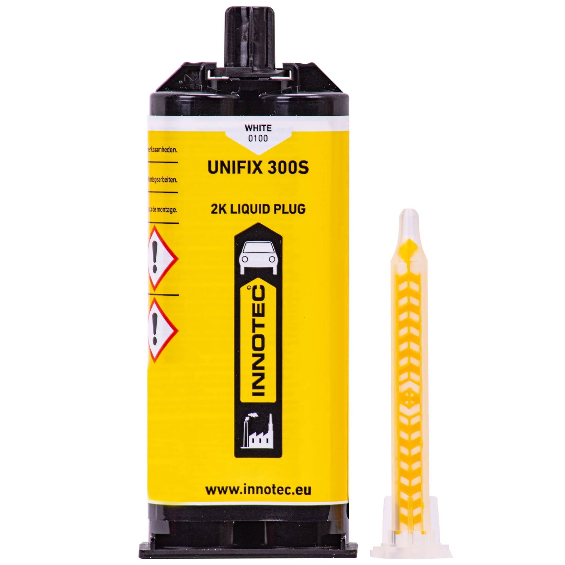 Gelbe Innotec UNIFIX 300S 2K Flüssigklebepatrone mit Mischdüse, beschriftet mit „WHITE 0100