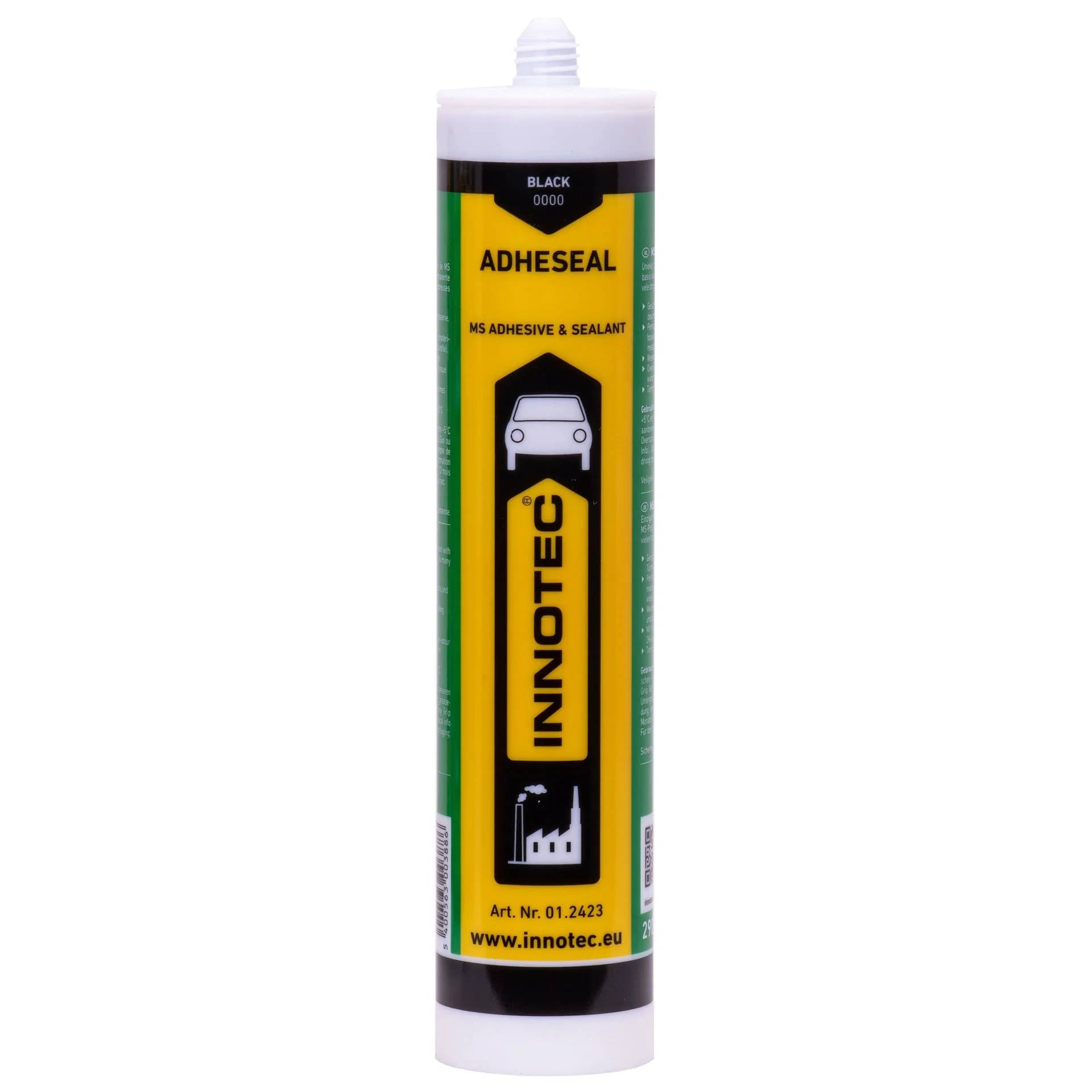Ein schwarzer 0000 ADHESEAL MS Kleber und Dichtstoff Tube von INNOTEC, aufrecht auf weißem Hintergrund gezeigt.