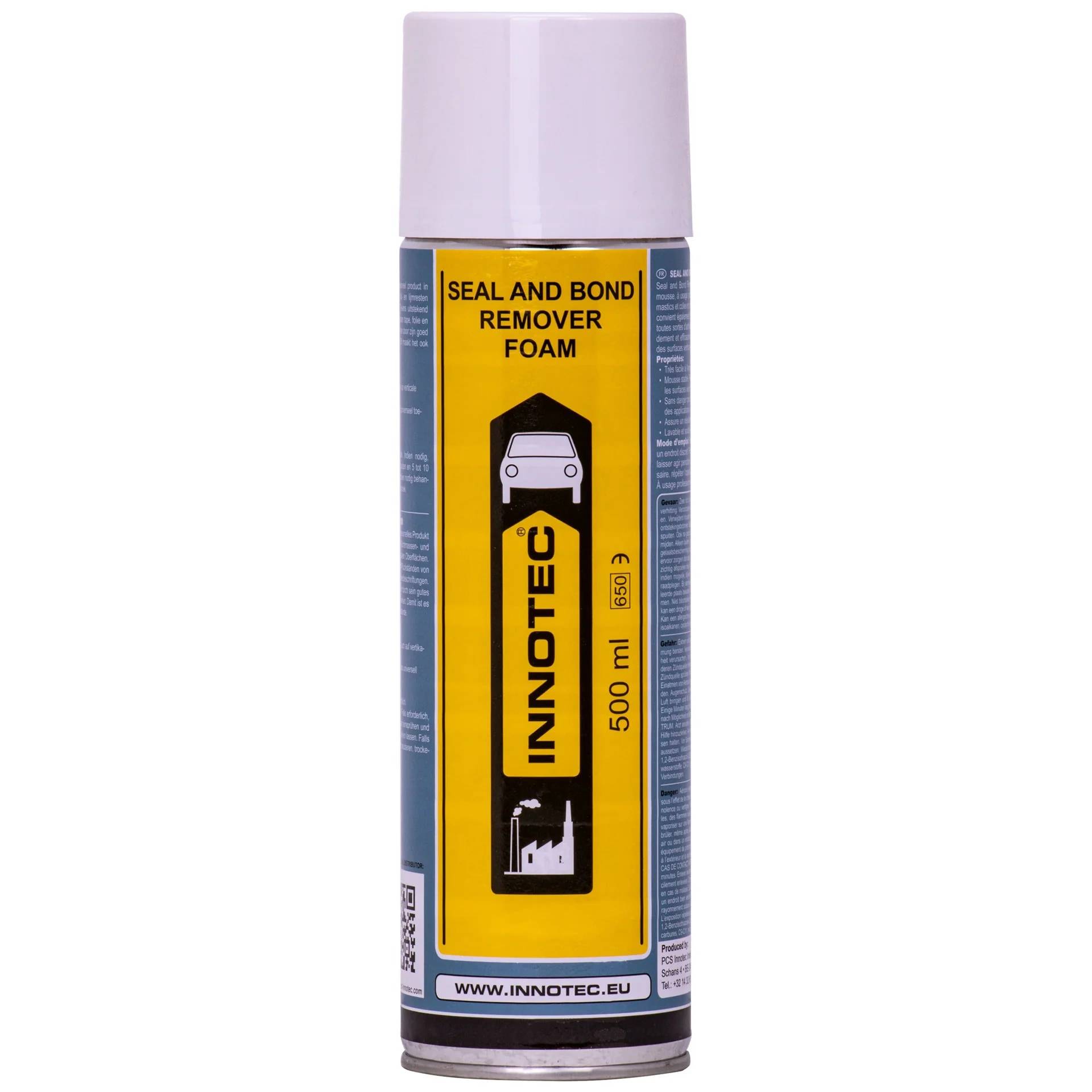 Eine Dose Innotec Seal and Bond Remover Foam, 500 ml, mit gelbem Frontenetikett und weißem Deckel, vor einem einfachen Hintergrund dargestellt.