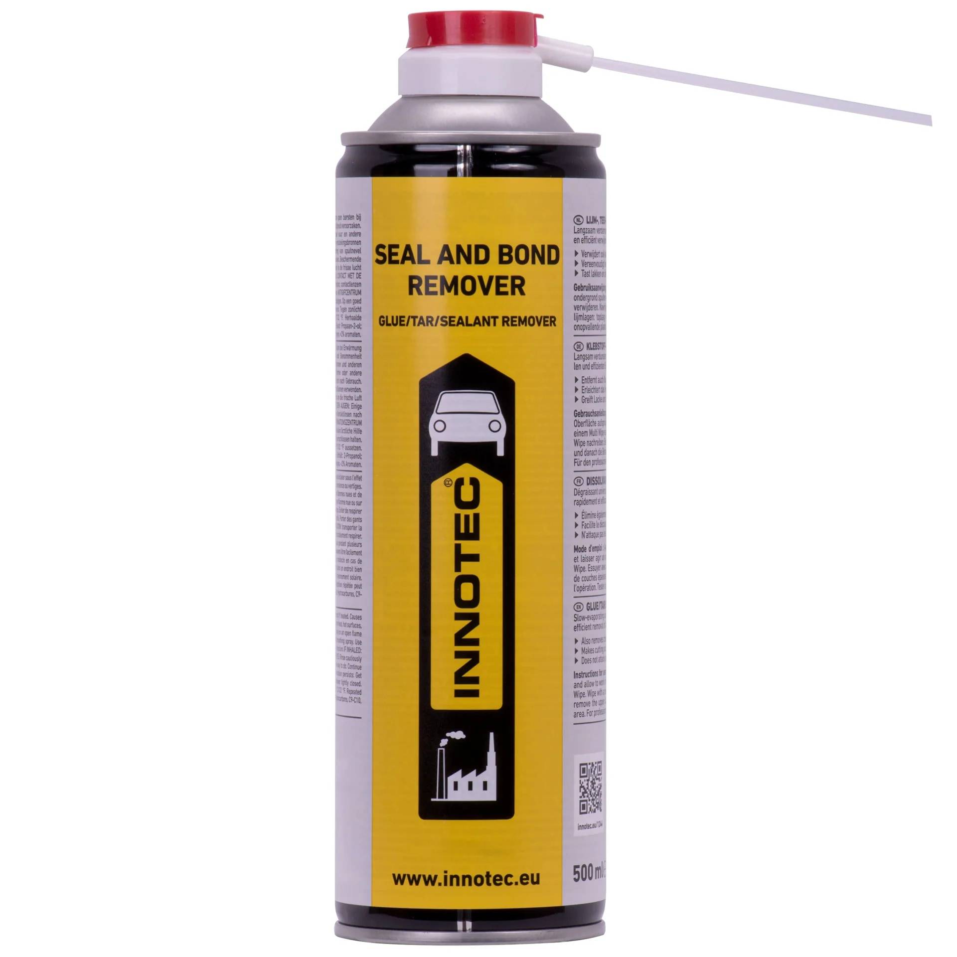 Dose Innotec Seal and Bond Remover mit roter Kappe und angebrachtem Applikatorstrohhalm, gekennzeichnet zur Entfernung von Klebstoff, Teer und Dichtungsmasse.