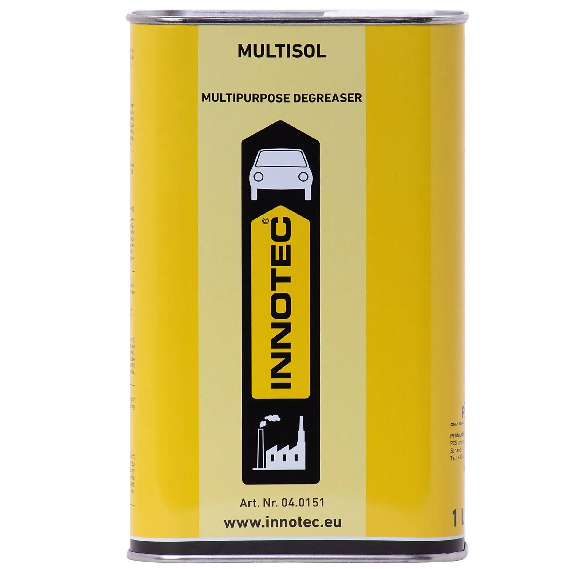 Gelbe Dose MULTISOL Universalentfetter mit INNOTEC-Logo, Auto- und Fabriksymbolen und Website 'www.innotec.eu'.
