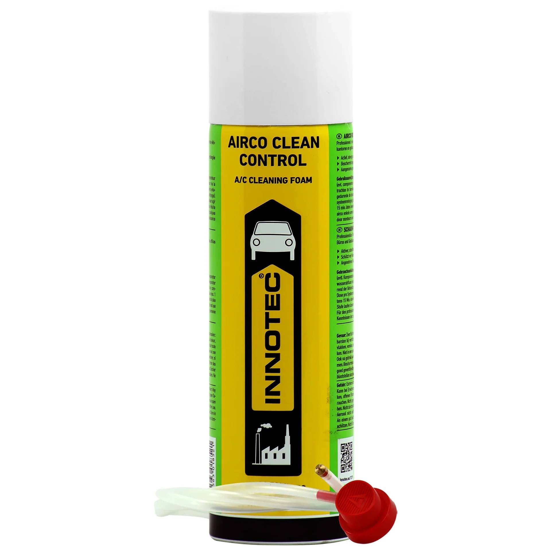 Dose INNOTEC Airco Clean Control A/C-Reinigungsschaum mit angebrachtem Schlauch und roter Düse auf weißem Hintergrund.