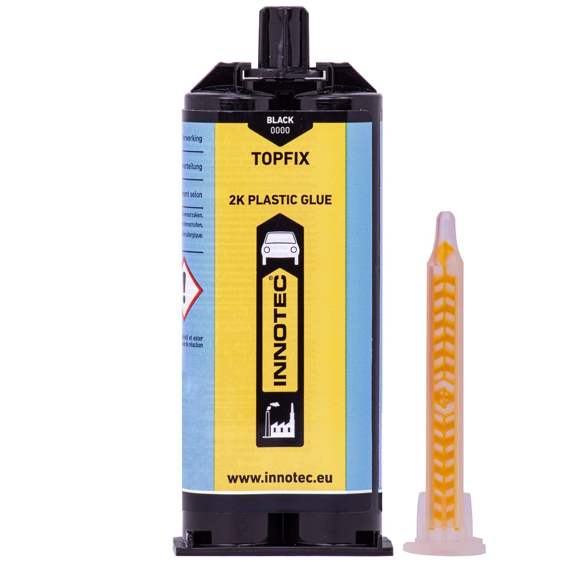 Flasche mit TOPFIX 2K Kunststoffkleber von INNOTEC mit separater Mischdüse auf weißem Hintergrund.