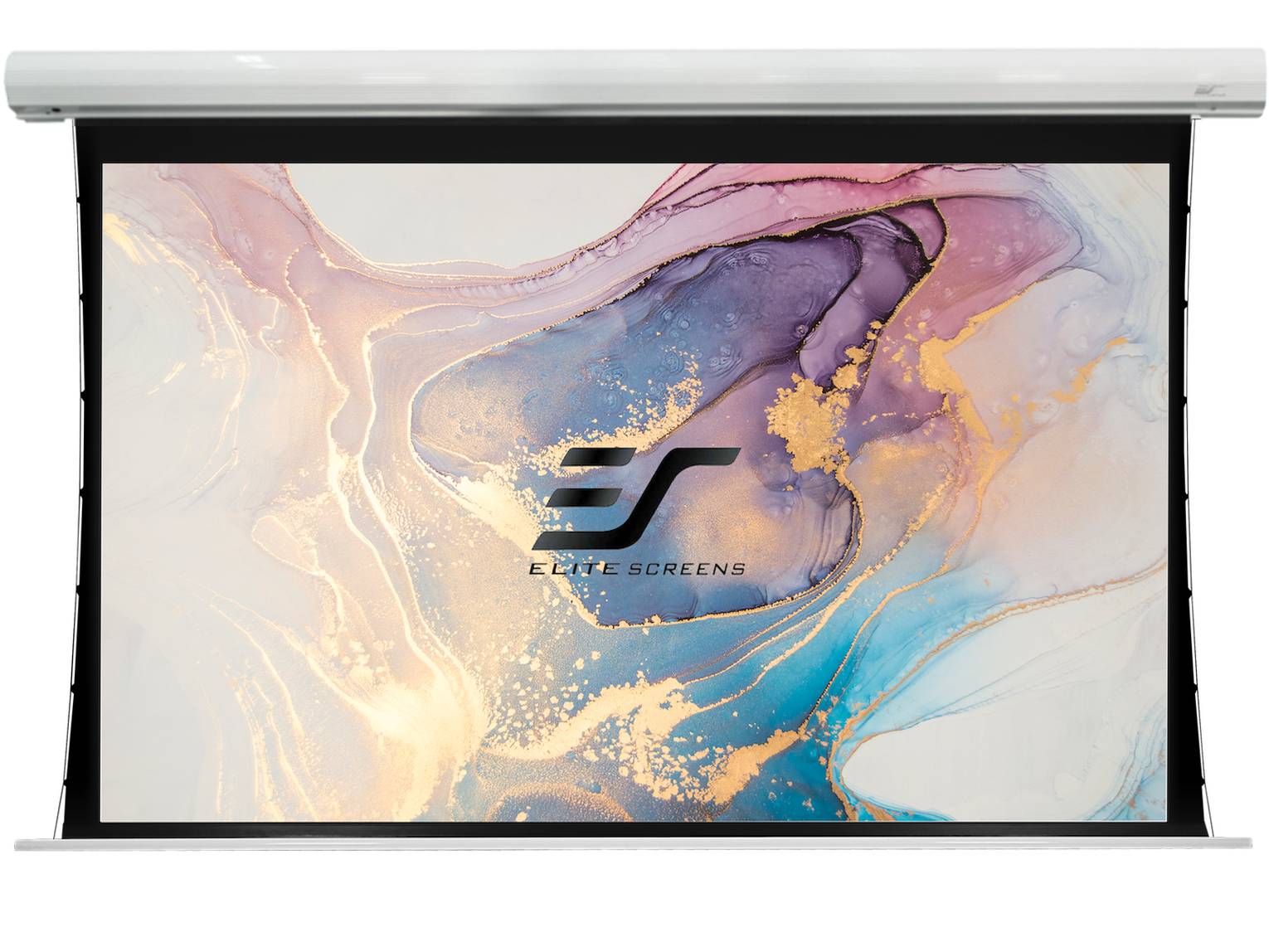 Projektionsleinwand zeigt einen abstrakten Pastellmarmor-Hintergrund mit dem zentriert platzierten Elite Screens Logo, in einer Heimkino-Einrichtung.