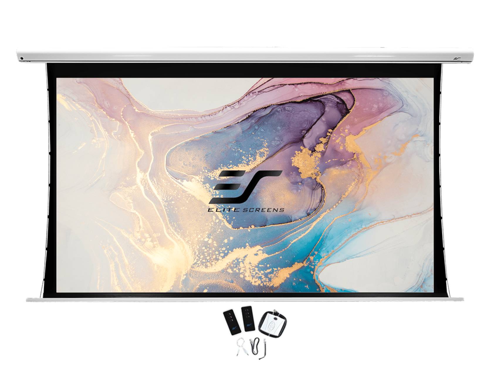 Motorisierte Projektionsleinwand zeigt ein abstraktes Pastellbild mit dem Logo „Elite Screens", mit einer Fernbedienung unten abgebildet.