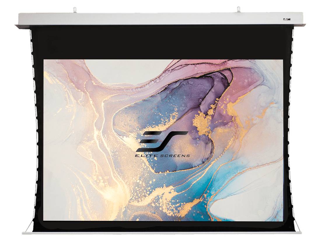Motorisierte Projektionsleinwand mit abstraktem Pastellmarmor-Design und "Elite Screens"" Logo in der Mitte.