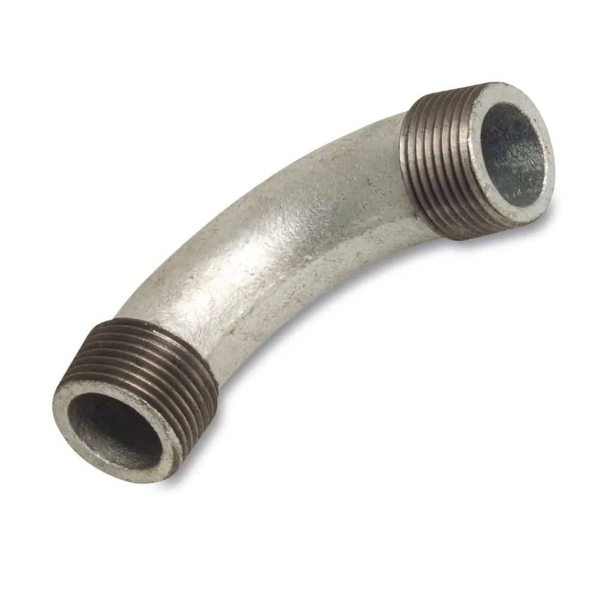 Gekrümmtes Metallrohrfitting mit Gewinde an beiden Seiten, gezeigt auf weißem Hintergrund.