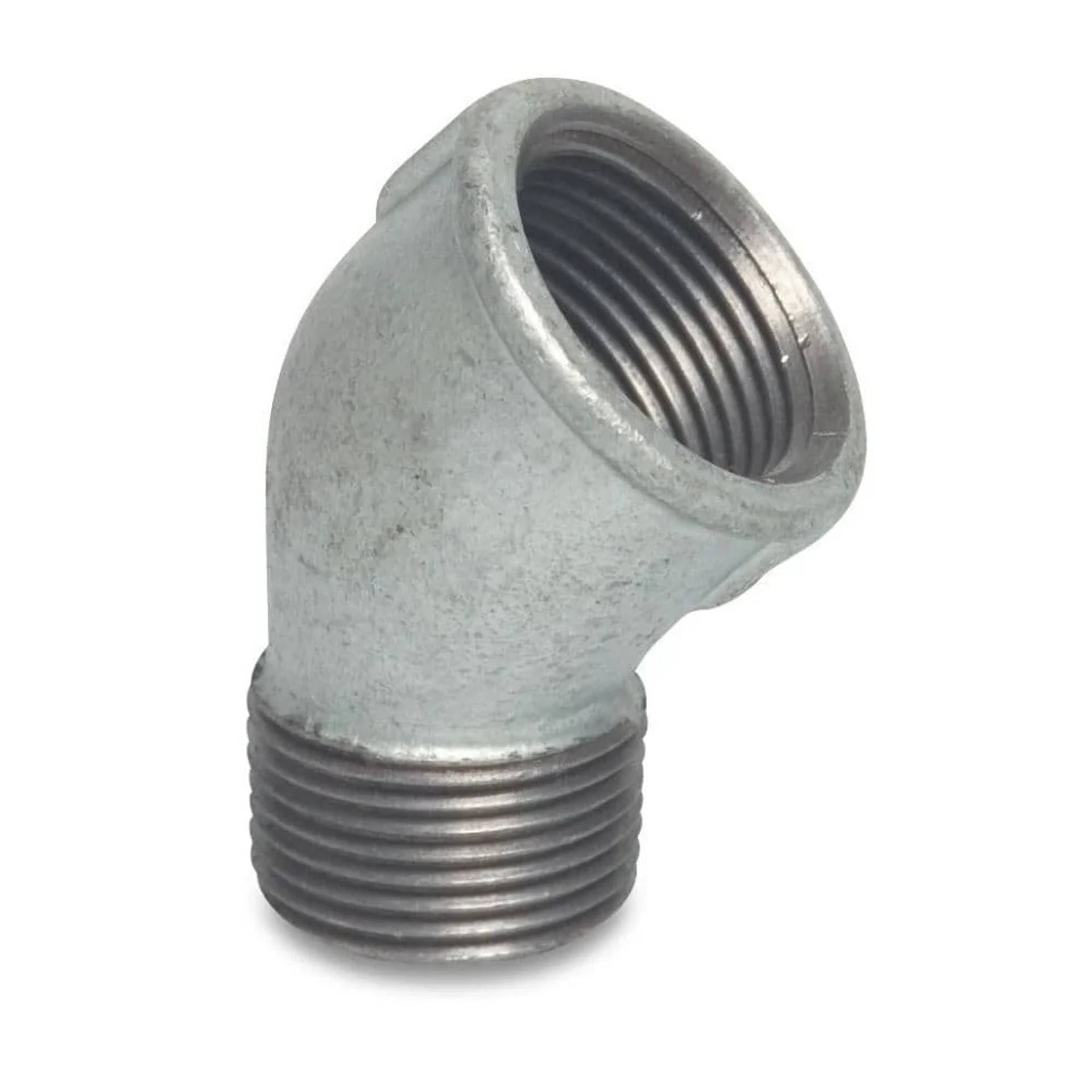 Metalliertes 45-Grad-Rohrbogenfitting mit Gewinde, weibliche Öffnung oben und Außengewinde unten.