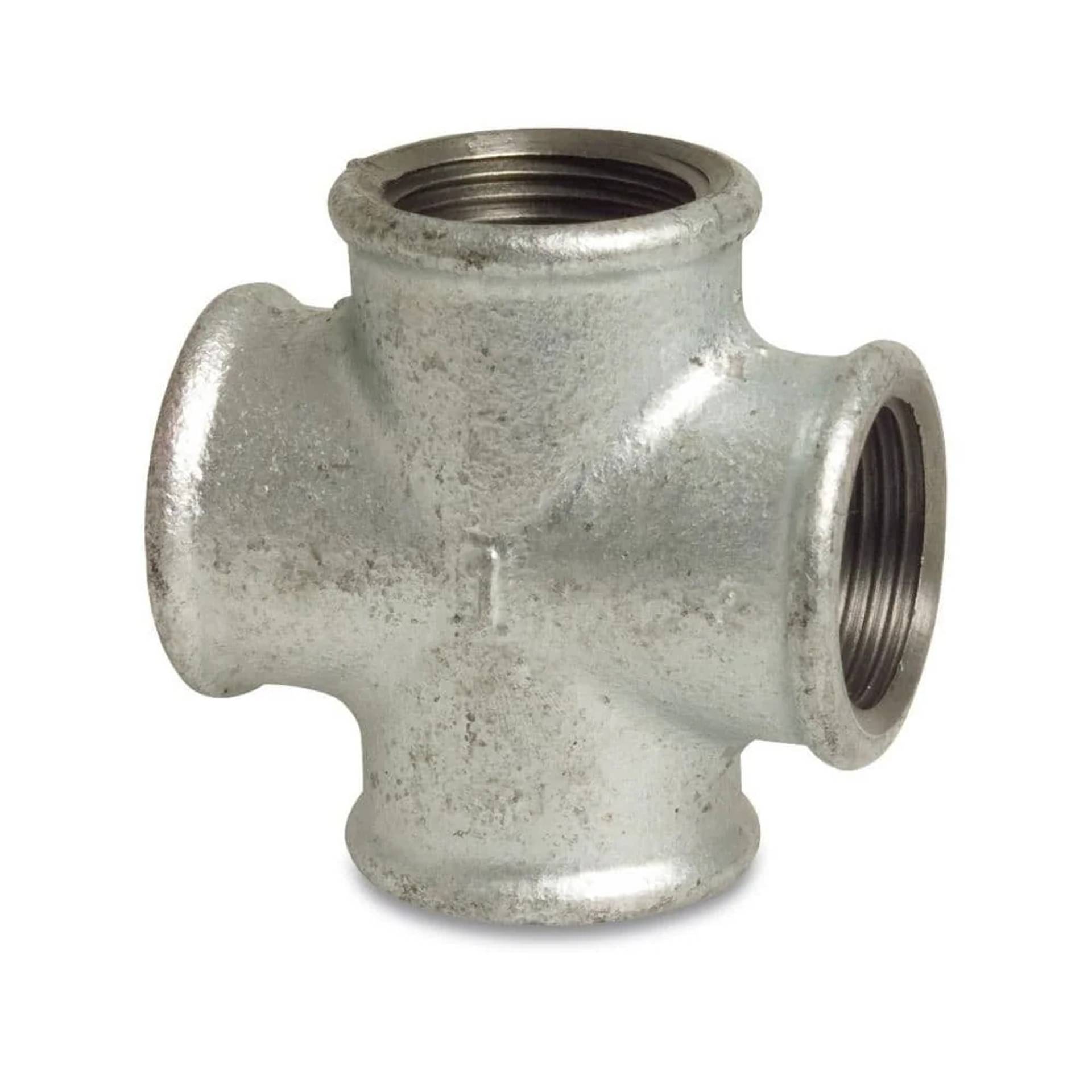 Metallisches Vier-Wege-Rohrabzweigstück mit Gewindeanschlüssen oben und rechts sowie zwei verschlossenen Anschlüssen an der Seite und unten, auf weißem Hintergrund dargestellt.