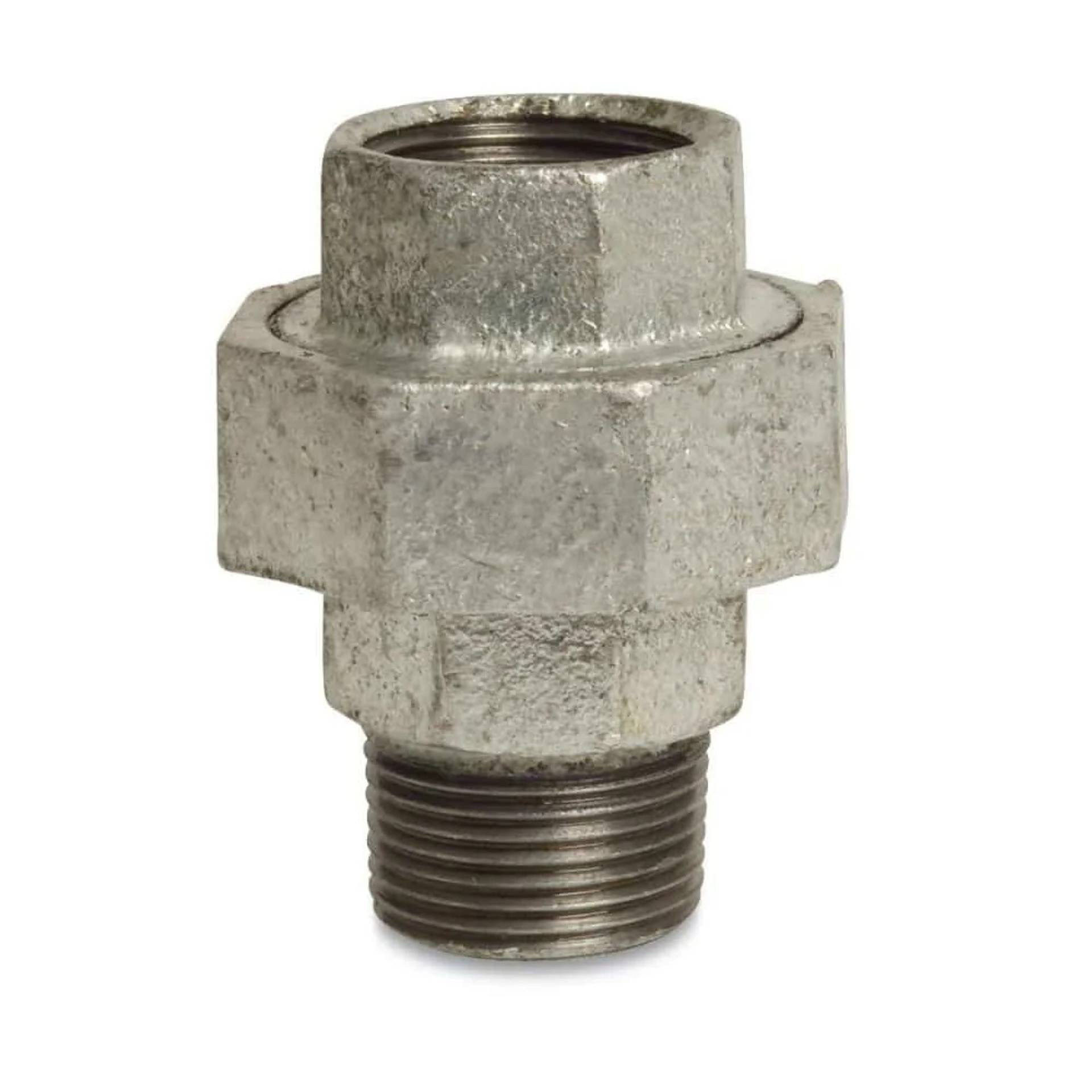 Metallisches Rohrverschraubungsstück mit sechskantigem Körper, weiblichem Gewinde oben und männlichem Gewinde unten auf weißem Hintergrund.