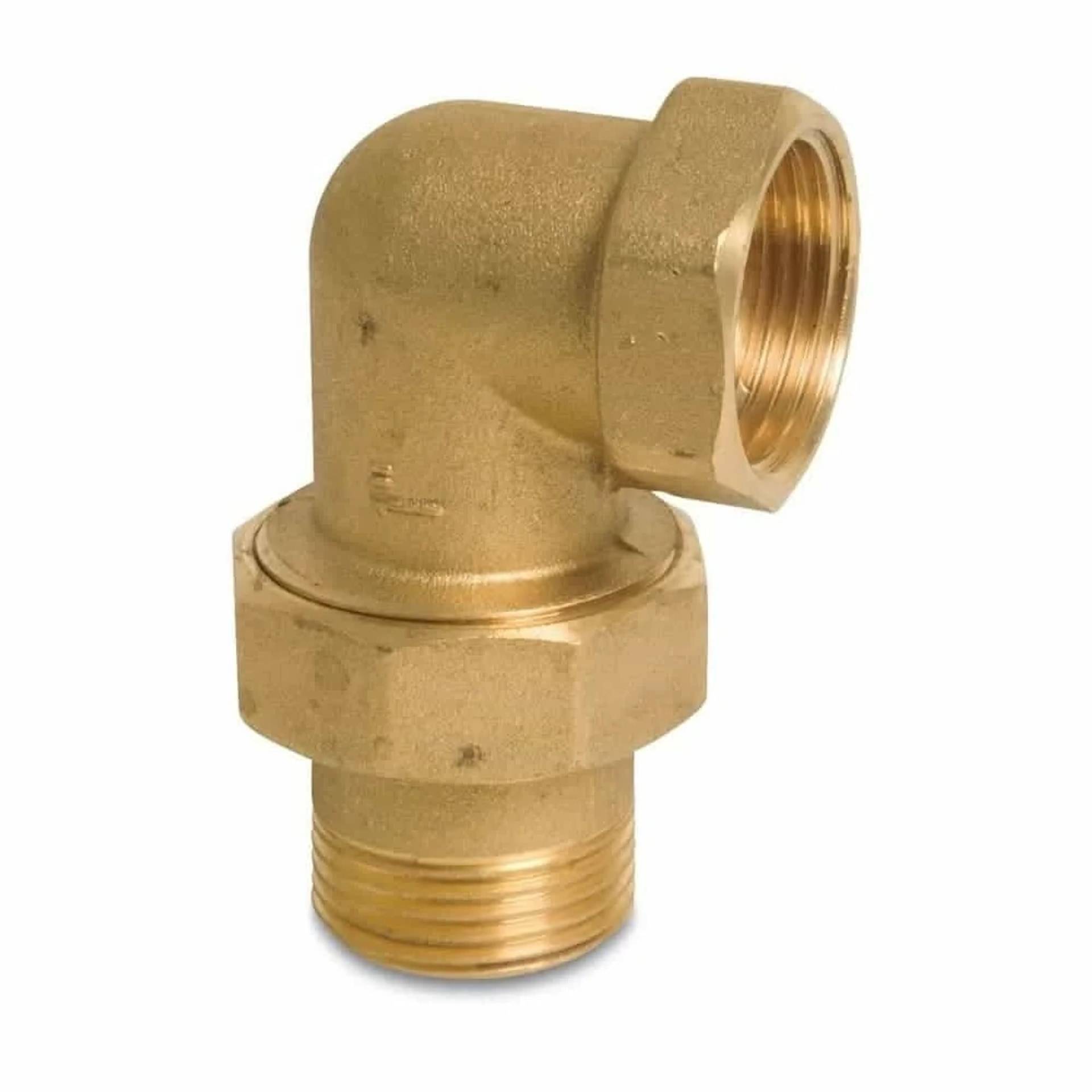 Messing-Rohrbogenfitting mit 90-Grad-Gewinde auf weißem Hintergrund.