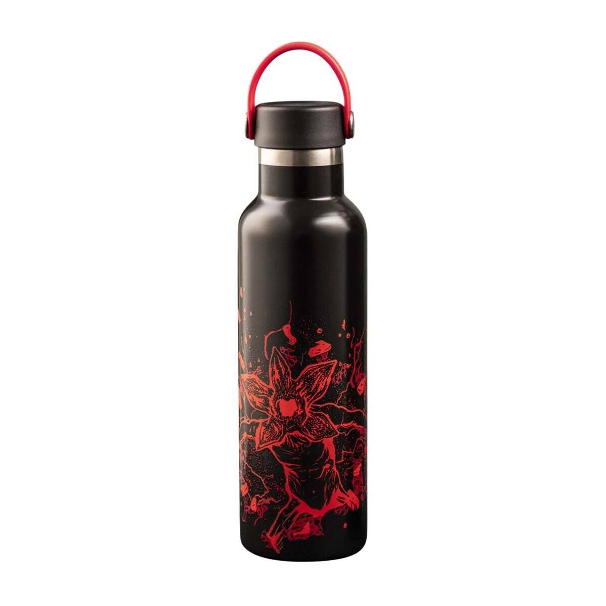 Schwarze isolierte Wasserflasche mit rotem Blumenmuster und roter Tragehenkel auf weißem Hintergrund.