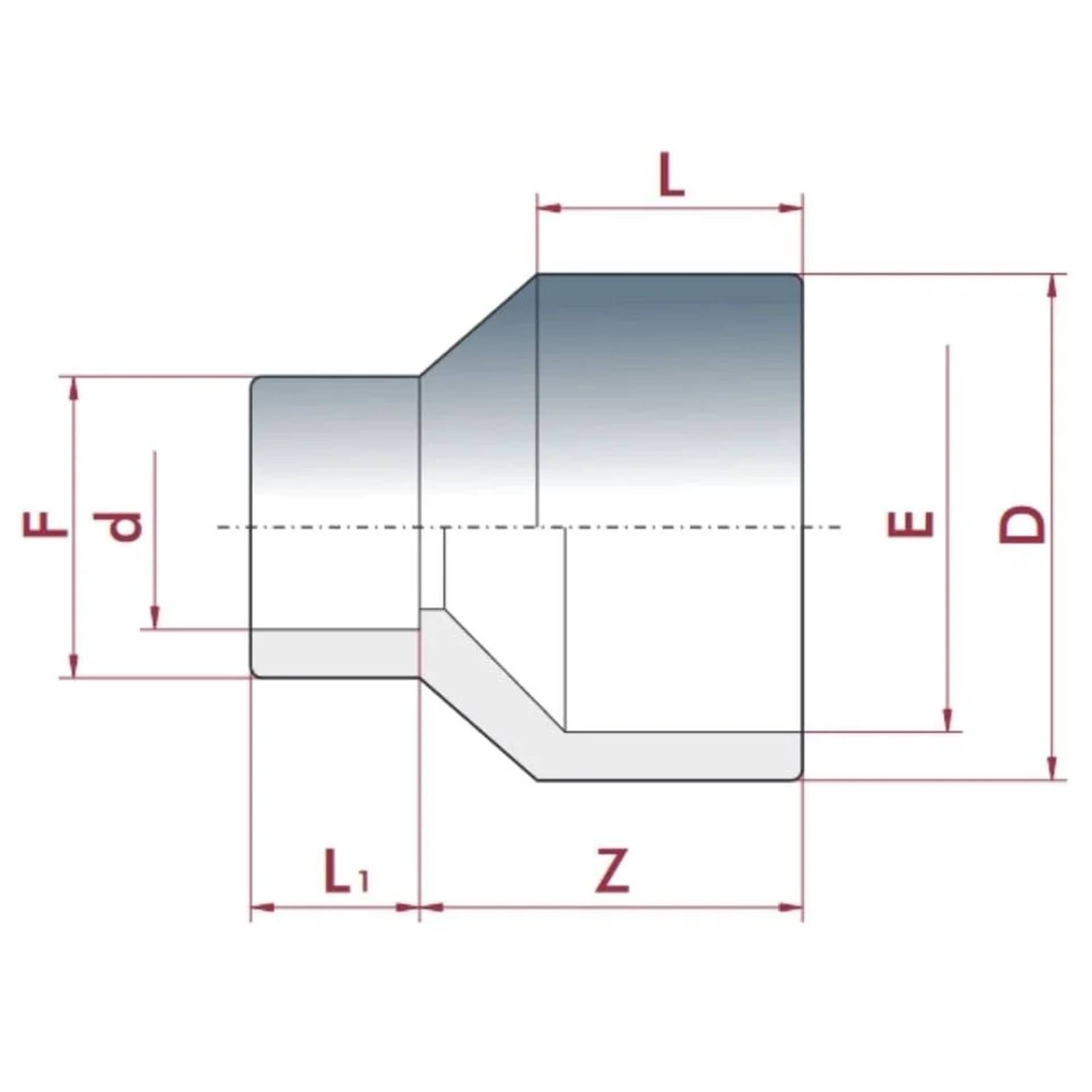 PVC - U Reduktion lang 50-40mm x 20 mm PN16