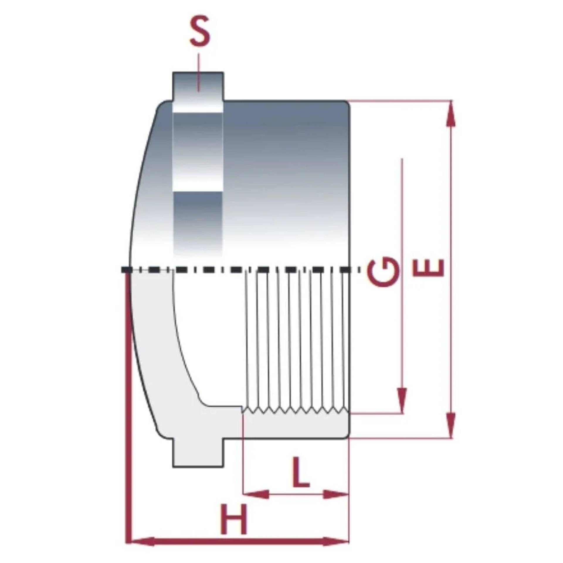 Technisches Diagramm eines Gewindebefestigungselements mit gekennzeichneten Abmessungen S, G, E, L und H mit Pfeilen, die Breiten-, Höhen- und Längenmessungen anzeigen.