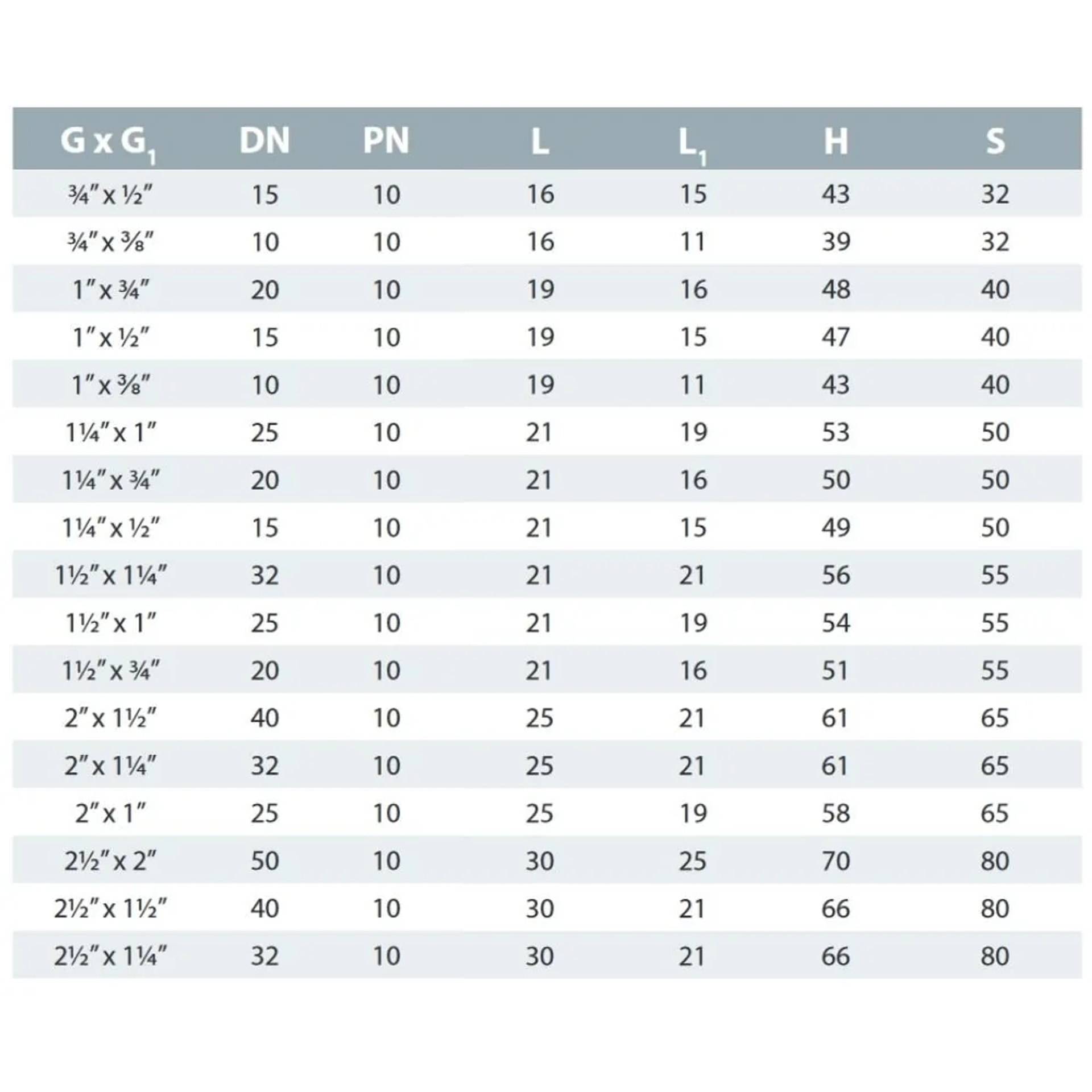 Tabelle der Dichtungsgrößen (G x G1) mit Spalten DN, PN, L, L1, H und S mit Abmessungen für jede Größe.