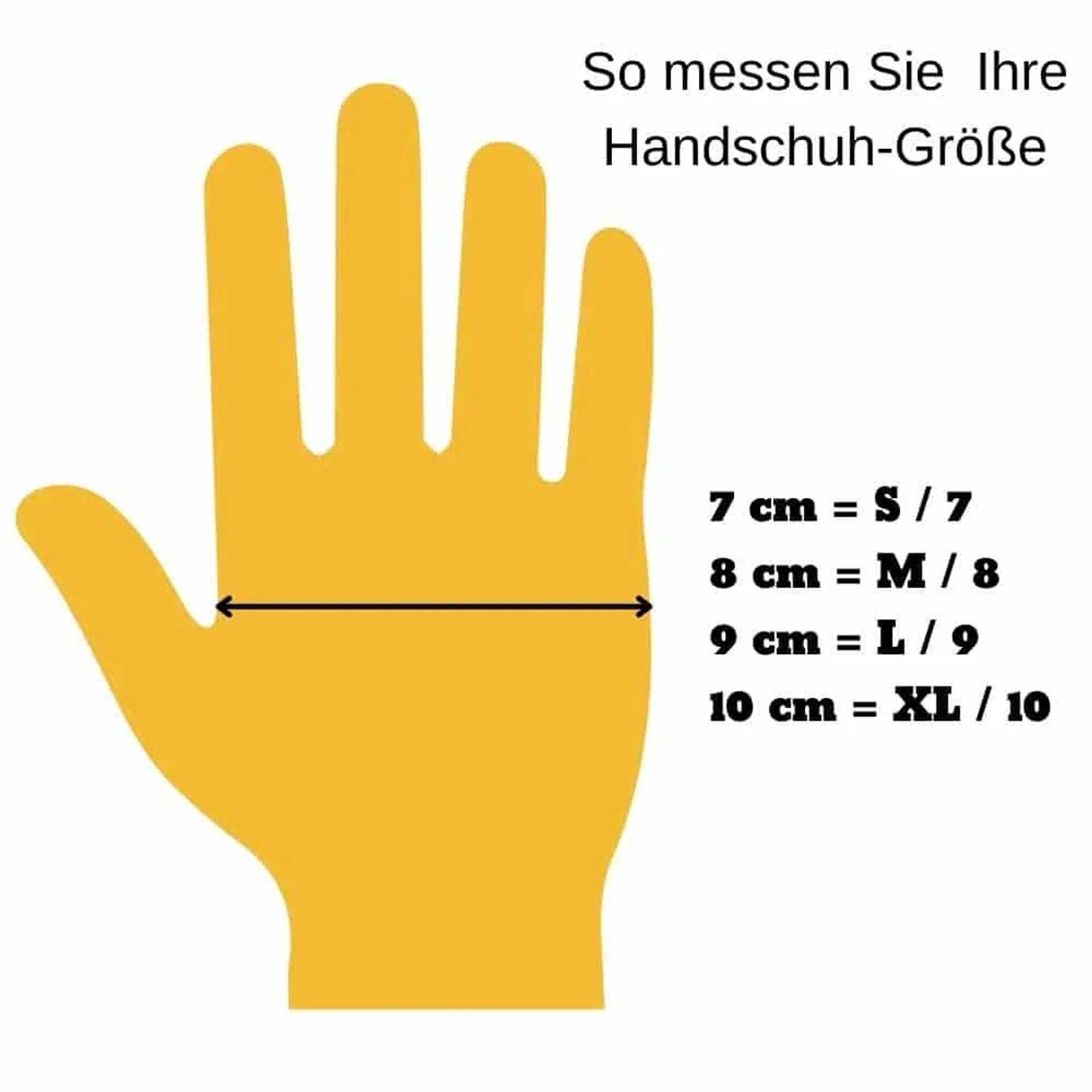 Illustration einer Hand, die die Handschuhgröße misst; Text besagt „So messen Sie Ihre Handschuh-Größe" mit Größen 7 cm = S/7, 8 cm = M/8, 9 cm = L/9, 10 cm = XL/10.