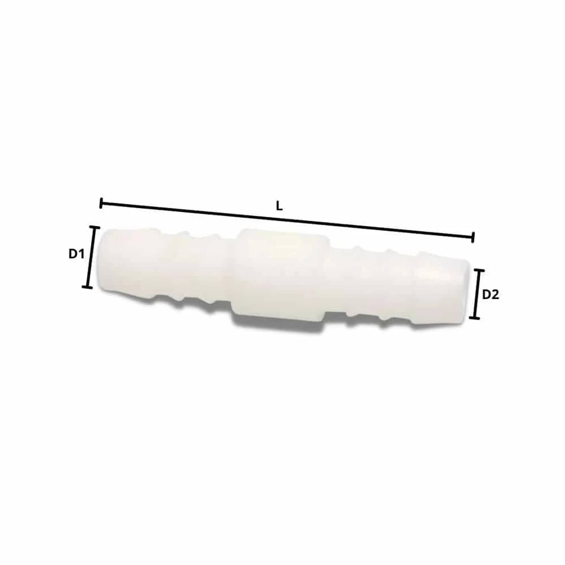 Dimensionales Diagramm eines langen weißen konischen Teils, beschriftet mit Länge L und Endhöhen D1 und D2.