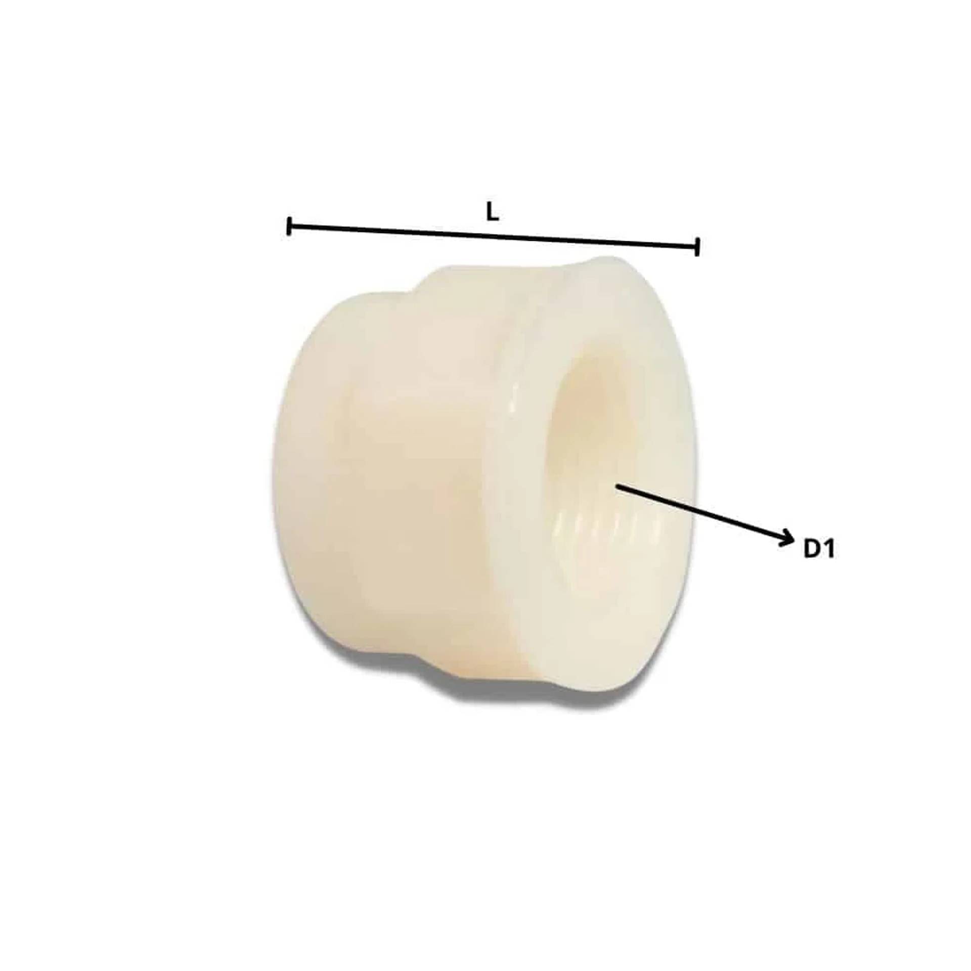 Cremefarbenes Gewinde-Zylinderfitting mit Dimensionsbezeichnungen L über der Oberseite und D1 mit Zeiger zur inneren Öffnung.
