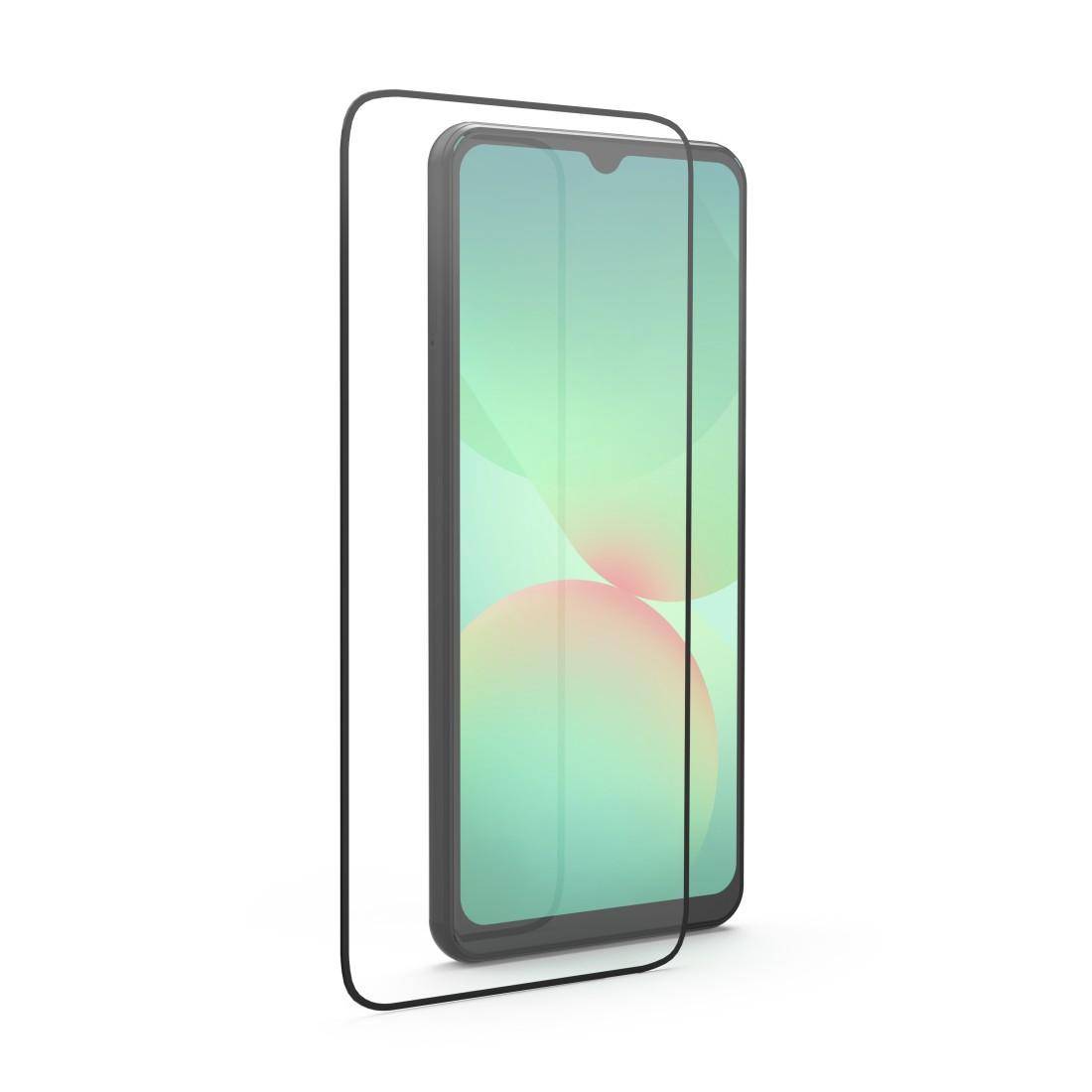 Smartphone mit schwarzem Vollbildschutzglas-Displayschutz, der vor dem Display gezeigt wird.