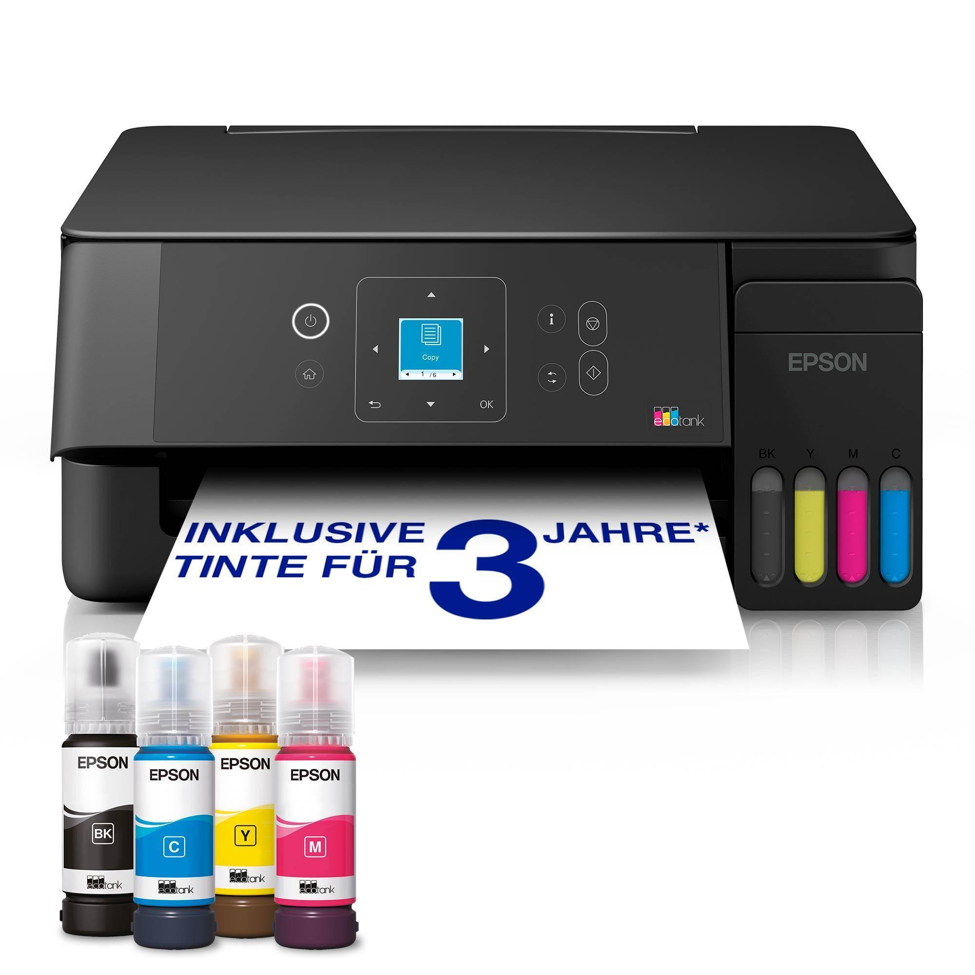 Schwarzer Epson-Tintentankdrucker mit Farbdisplay, das auf einem gedruckten Blatt 