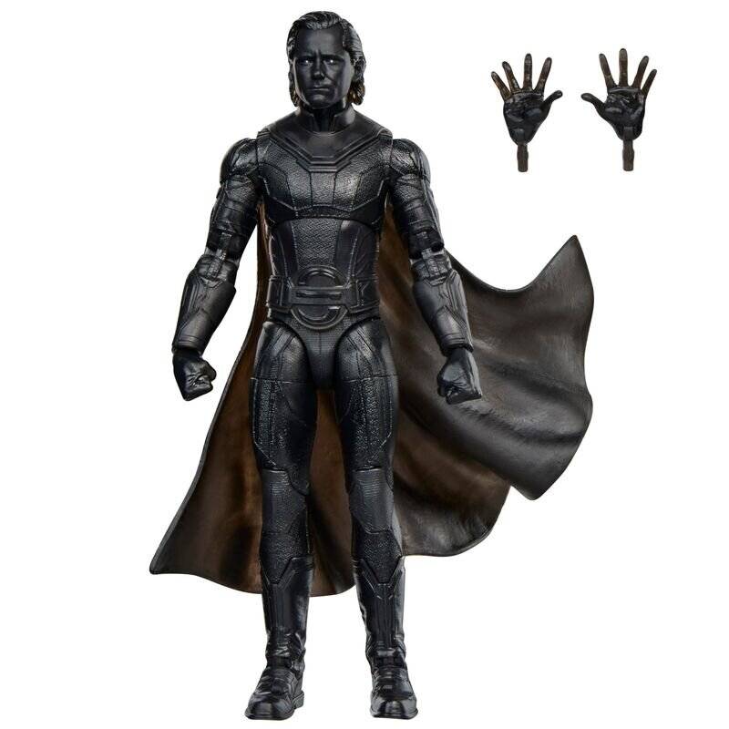 Schwarze Superhelden-Actionfigur mit Umhang, von vorne gezeigt mit zwei austauschbaren Händen darüber.
