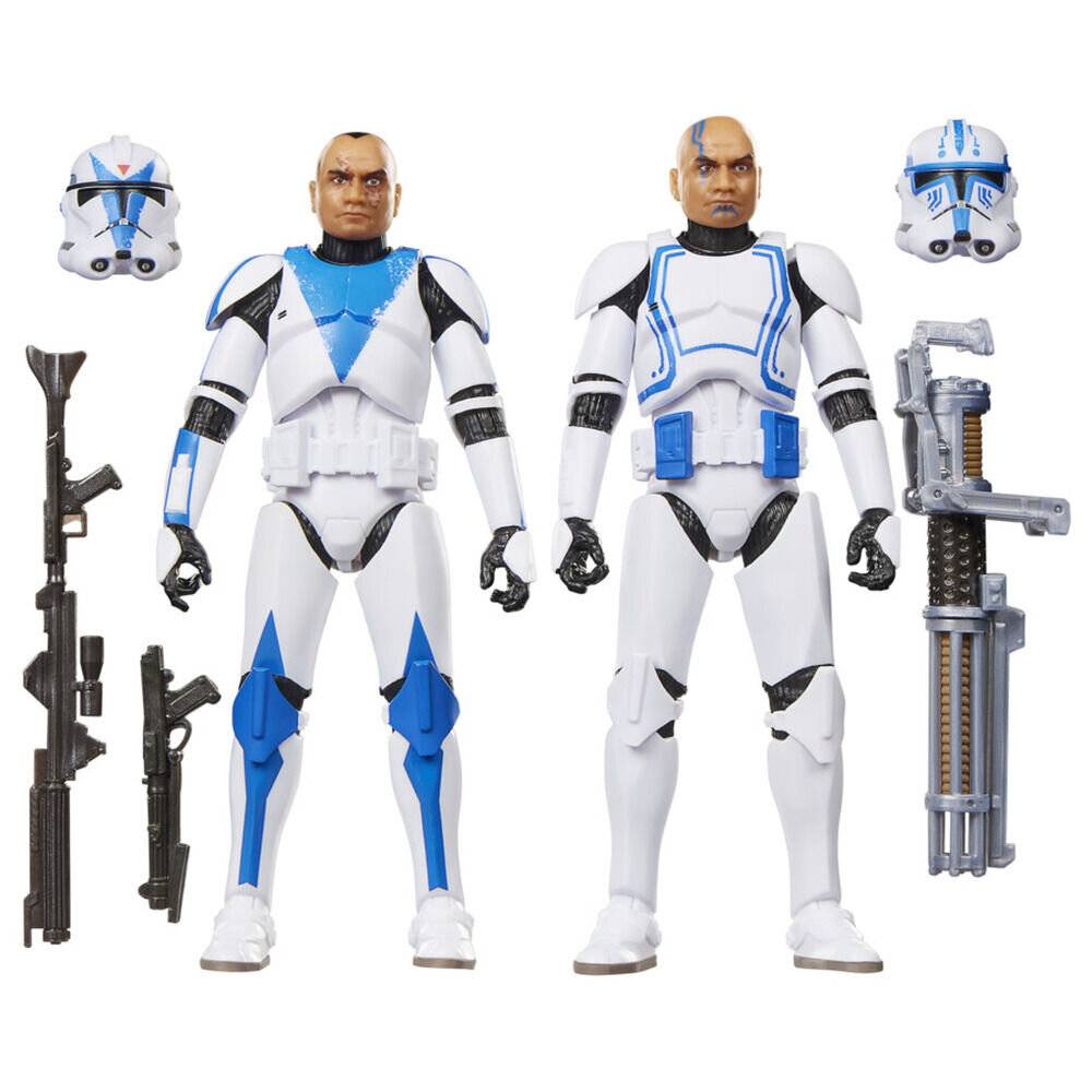 Zwei Star-Wars-Actionfiguren eines Klonkriegers in weiß-blauer Rüstung mit austauschbaren Köpfen und Waffen, gezeigt vor weißem Hintergrund.