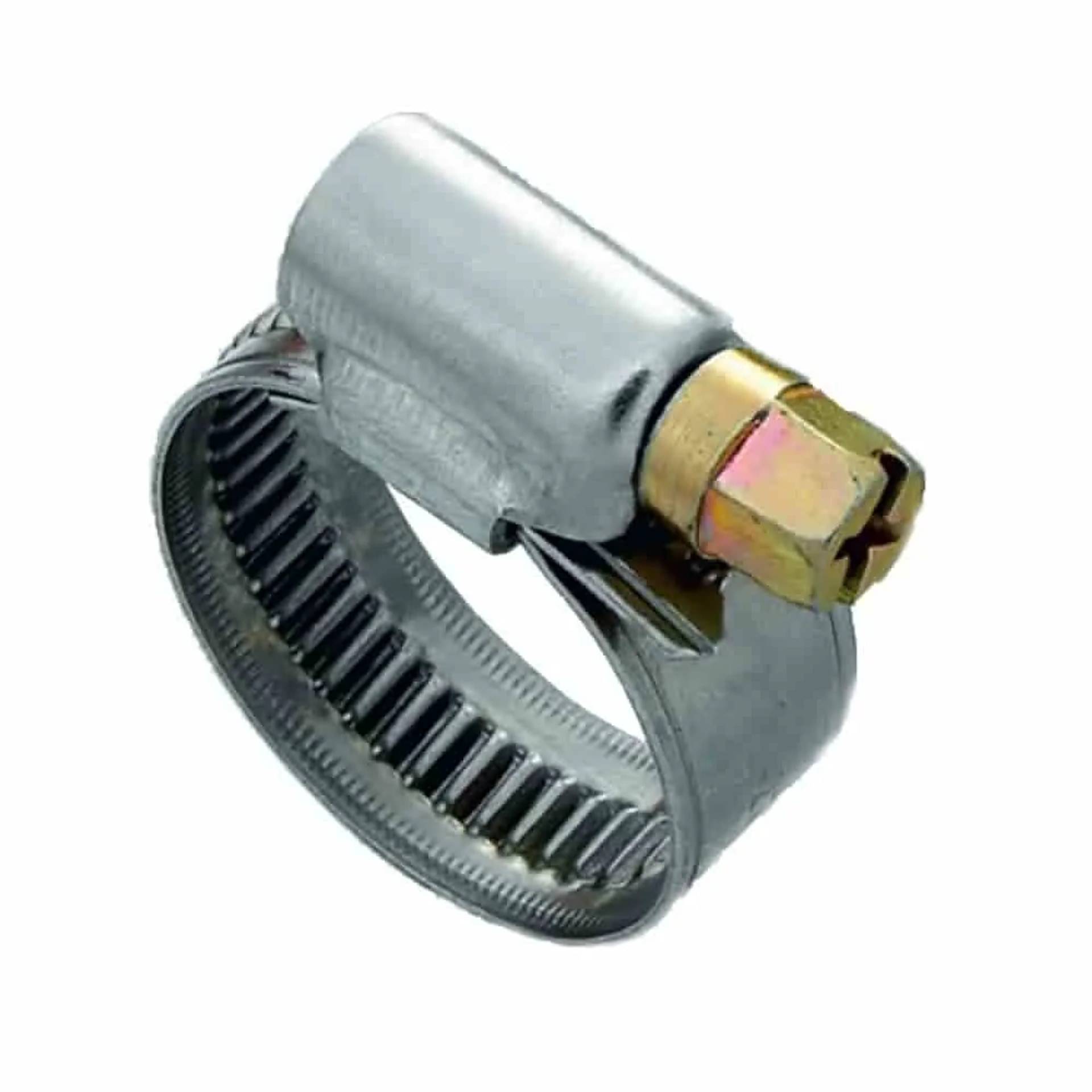 Eine Metallschlauchschelle mit Schraubverschlussmechanismus auf weißem Hintergrund.