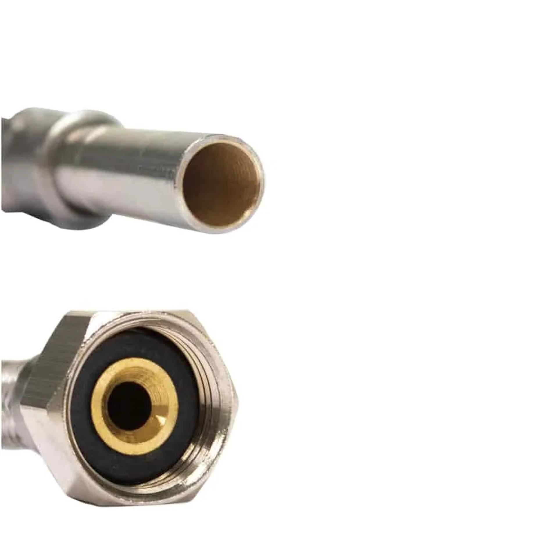 Nahaufnahme einer Metallschlauchanschlussfitting von der Seite und Vorderseite gezeigt, die das offene Schlauchende und den Gewindeanschluss mit einer schwarzen Dichtung offenbaren.