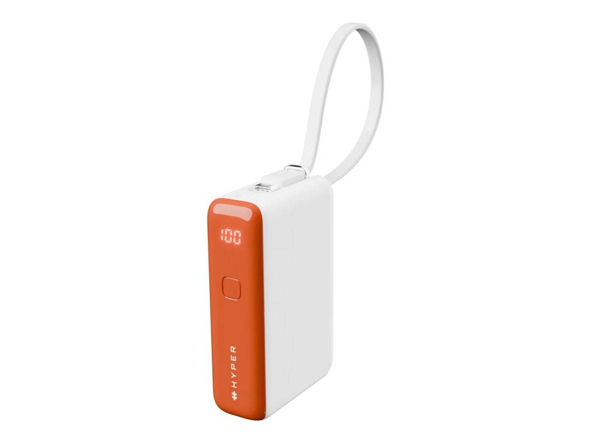 Tragbare Powerbank in Weiß und Orange mit integrierter Schlaufenöse, zeigt ein kleines digitales Batterieanzeige-Display, das „100