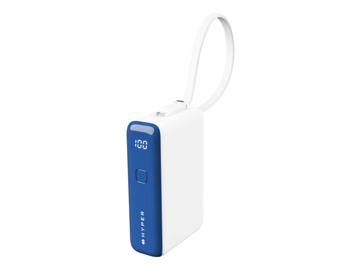 Tragbare Hyper-Powerbank mit blauem Frontpanel, digitalem Batterieanzeige und angebrachter Schlaufenriemen auf weißem Hintergrund.