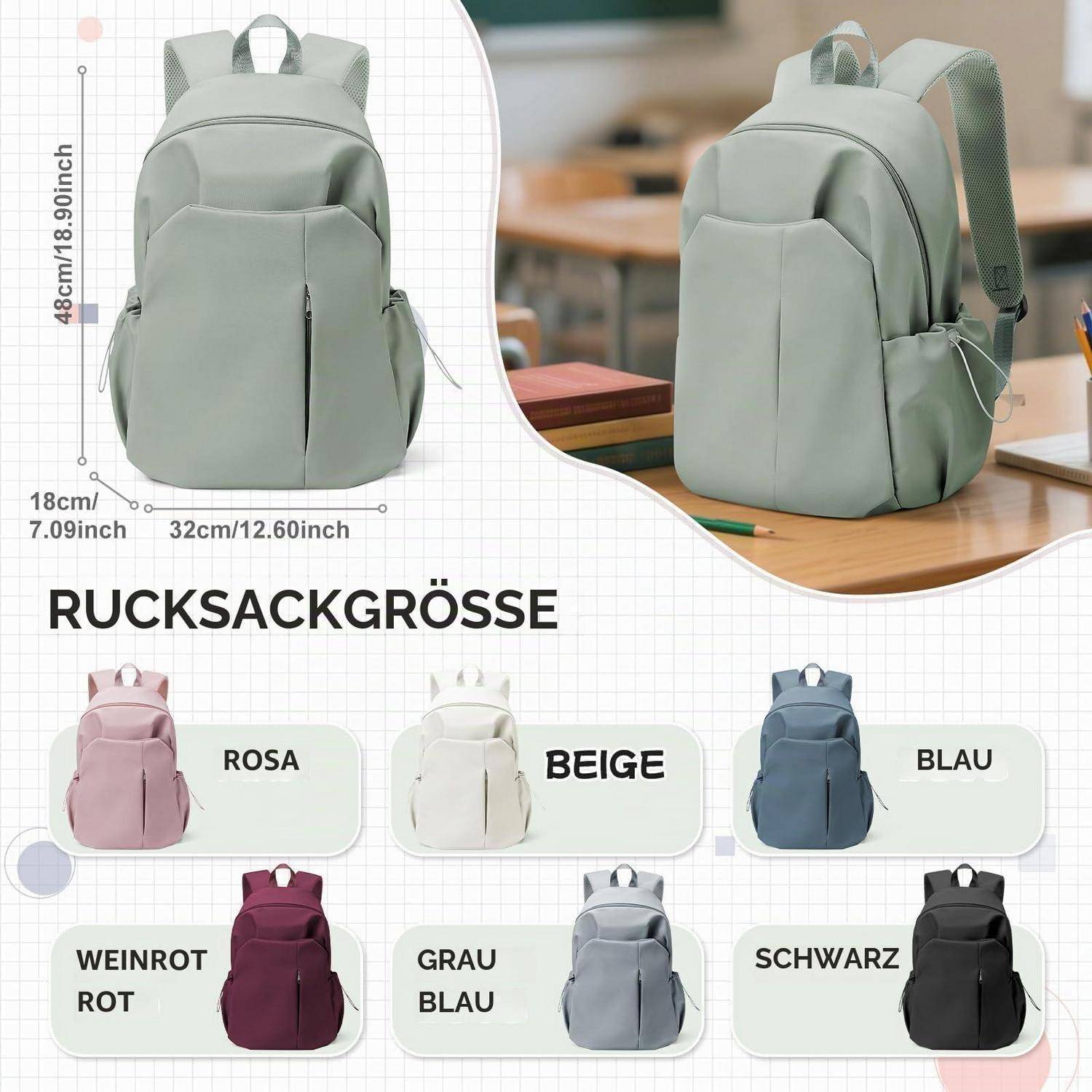 Produktbild eines Rucksacks mit den Abmessungen 48 cm Höhe, 32 cm Breite, 18 cm Tiefe, in mehreren Farben dargestellt: Rosa, Beige, Blau, Burgunder, Blaugrau und Schwarz.