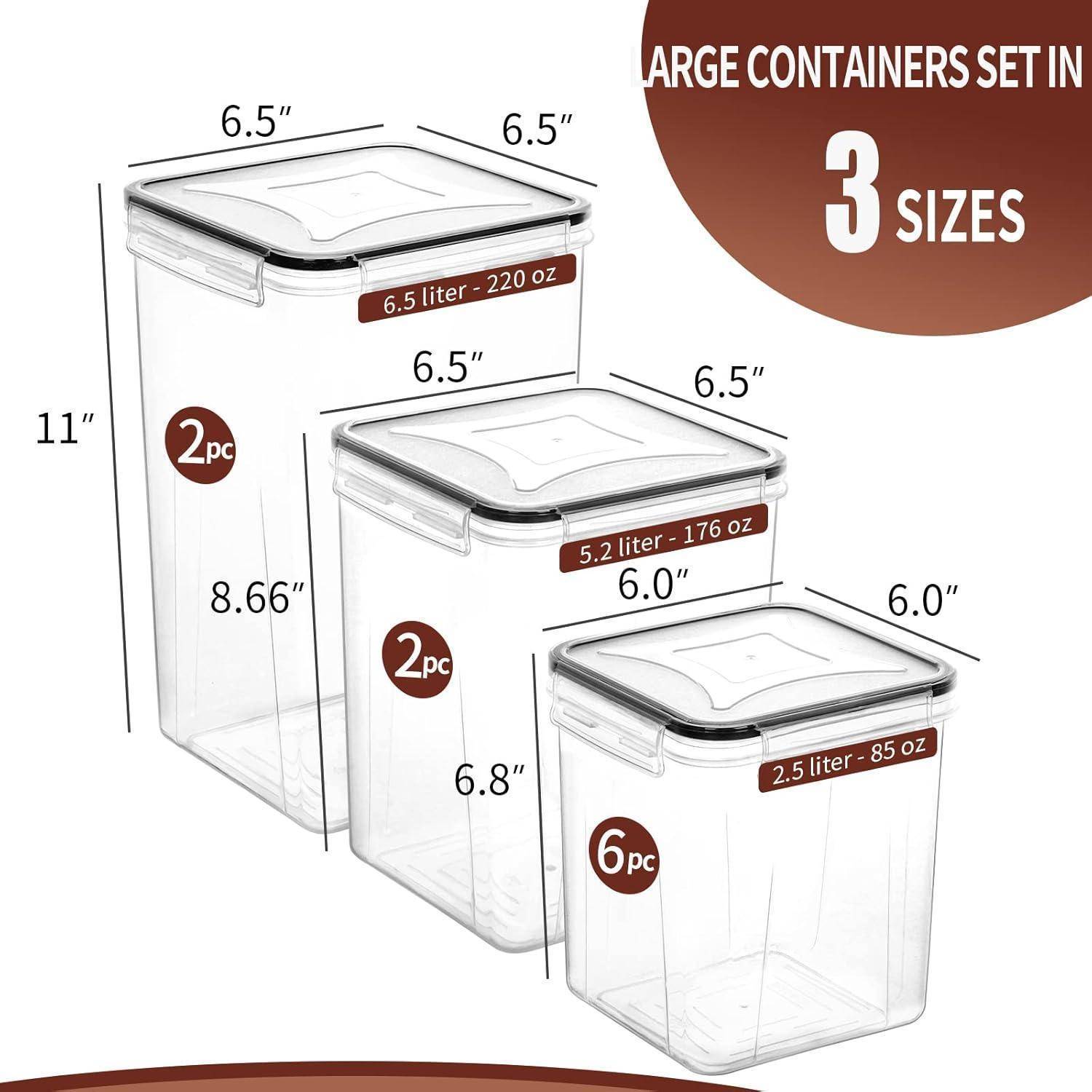 Produktgrafik mit einem großen Behälterset in 3 Größen: 6,5 Liter, 5,2 Liter und 2,5 Liter, mit beschrifteten Abmessungen und Stückzahlen.