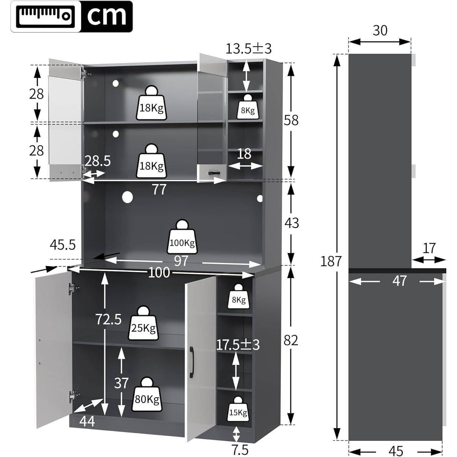 Kommentiertes Schrank-Dimensionsdiagramm mit einem schwarzen Lagerschrank mit offenen Türen, Regalen und beschrifteten Messwerten in cm, einschließlich Traglastgrenzen von 8 kg bis 100 kg.