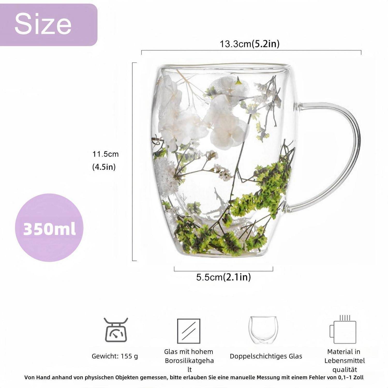 Klare doppelwandige Glastasse mit Griff, Fassungsvermögen 350 ml; angegebene Maße: 11,5 cm Höhe, 13,3 cm Breite, 5,5 cm Basis.