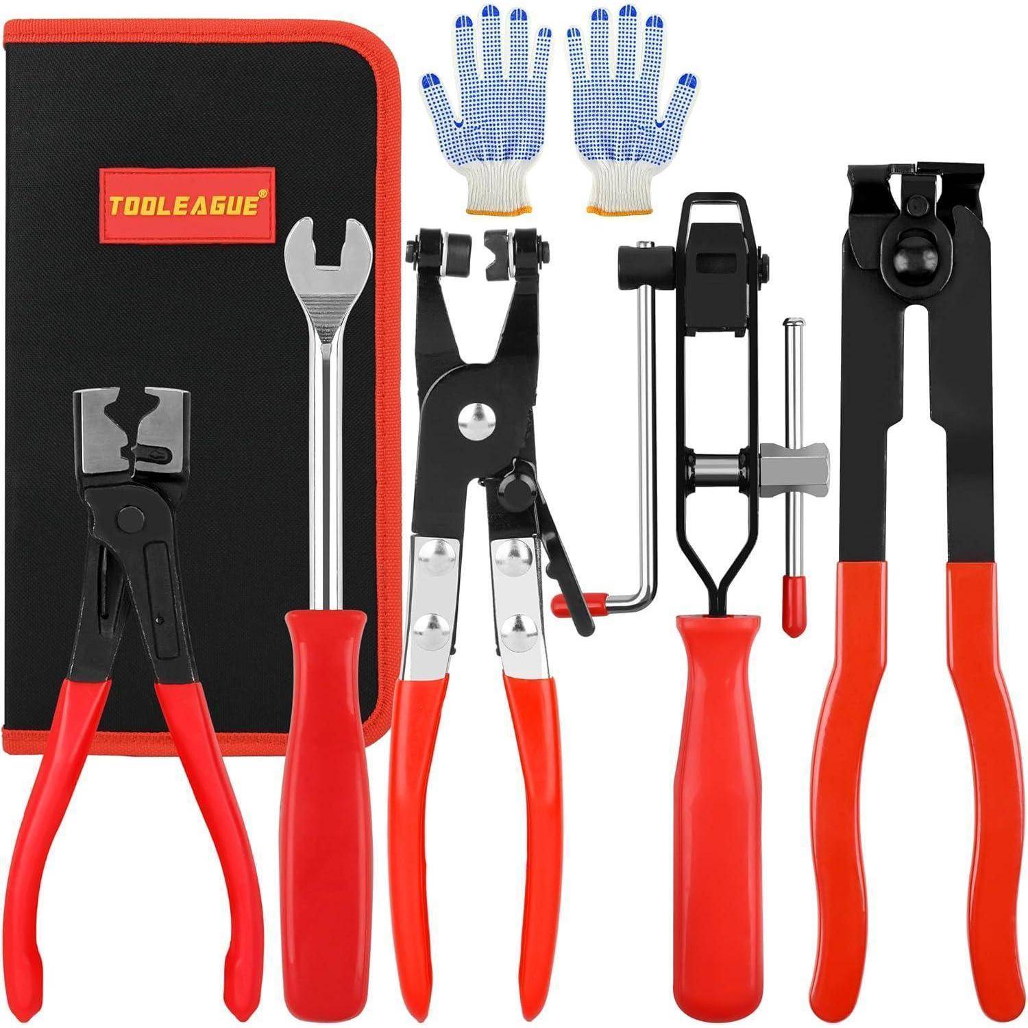 Automatikmechanik-Werkzeugsatz mit Tragetasche, Zange, Schraubenschlüssel, Kabelwerkzeug, Schraubendreher, Schlauchschellenzange, Handschuhe und weitere Handwerkzeuge.