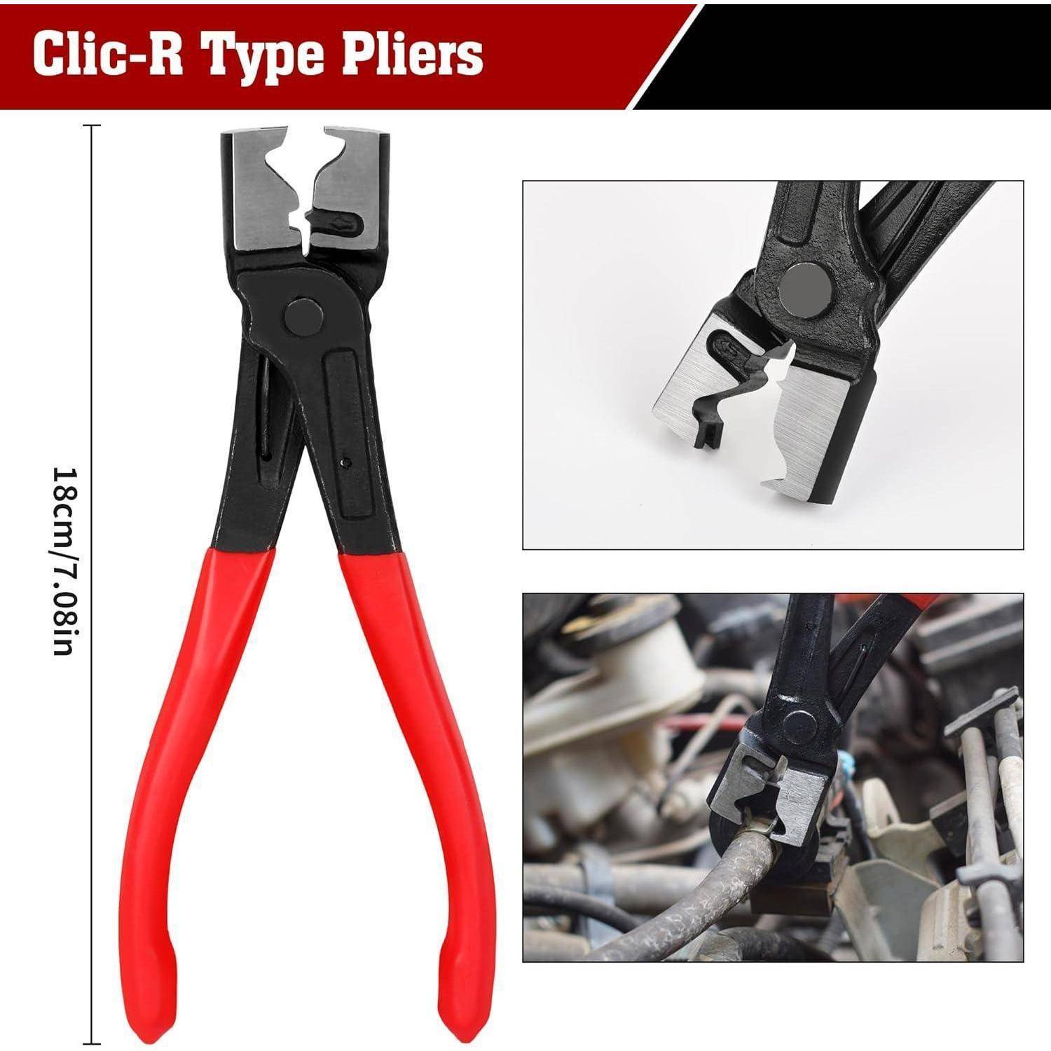 Produktbild der 'Clic-R Type Zange' mit roten Griffen, 18 cm lang, und eingefügte Nahaufnahmen, die das Werkzeug beim Greifen einer Schlauchschelle in Gebrauch zeigen.