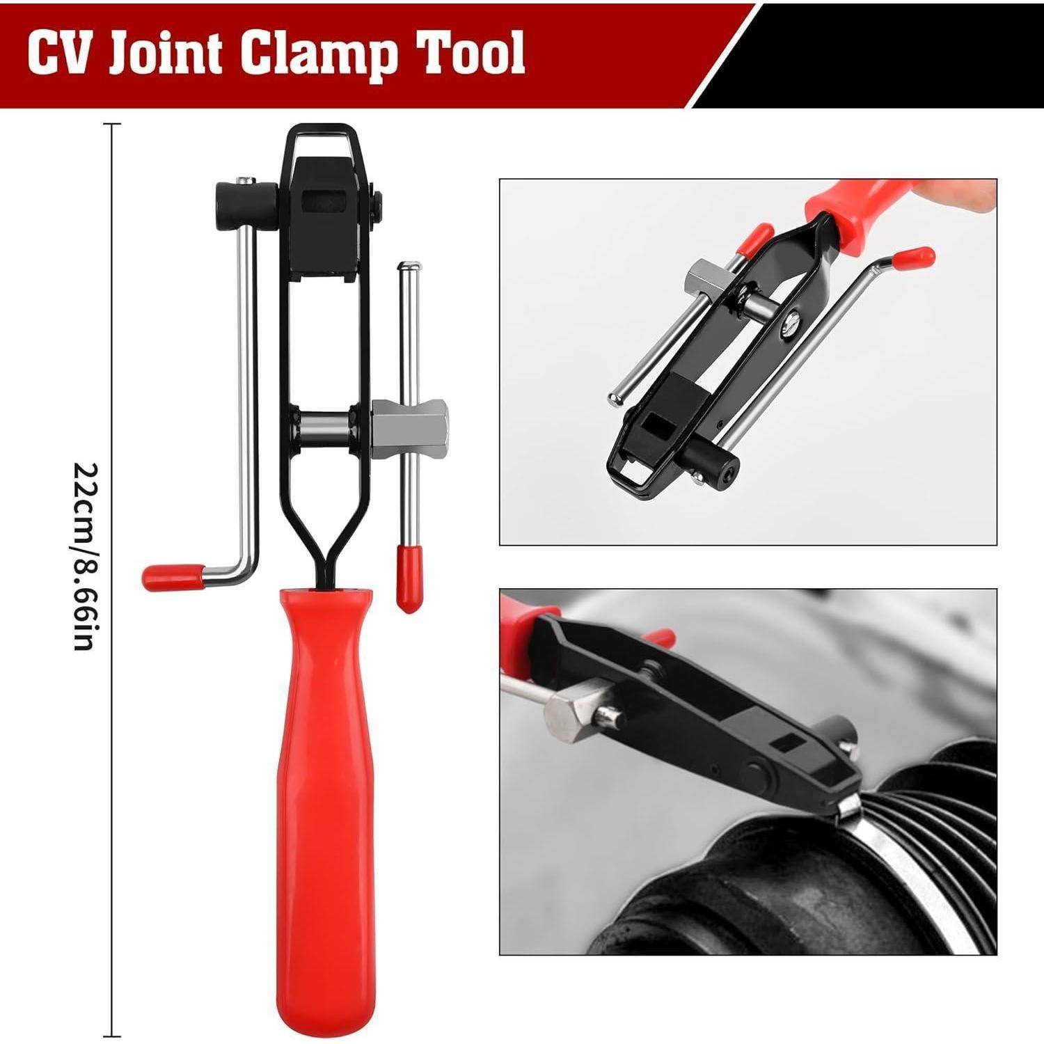 Produktbild eines „CV-Gelenkspannwerkzeugs" mit einem roten Griff, Spannwerkzeug mit 22 cm Höhe, mit Detailfotos davon, wie es eine CV-Manschettenspanner am Fahrzeug festzieht.
