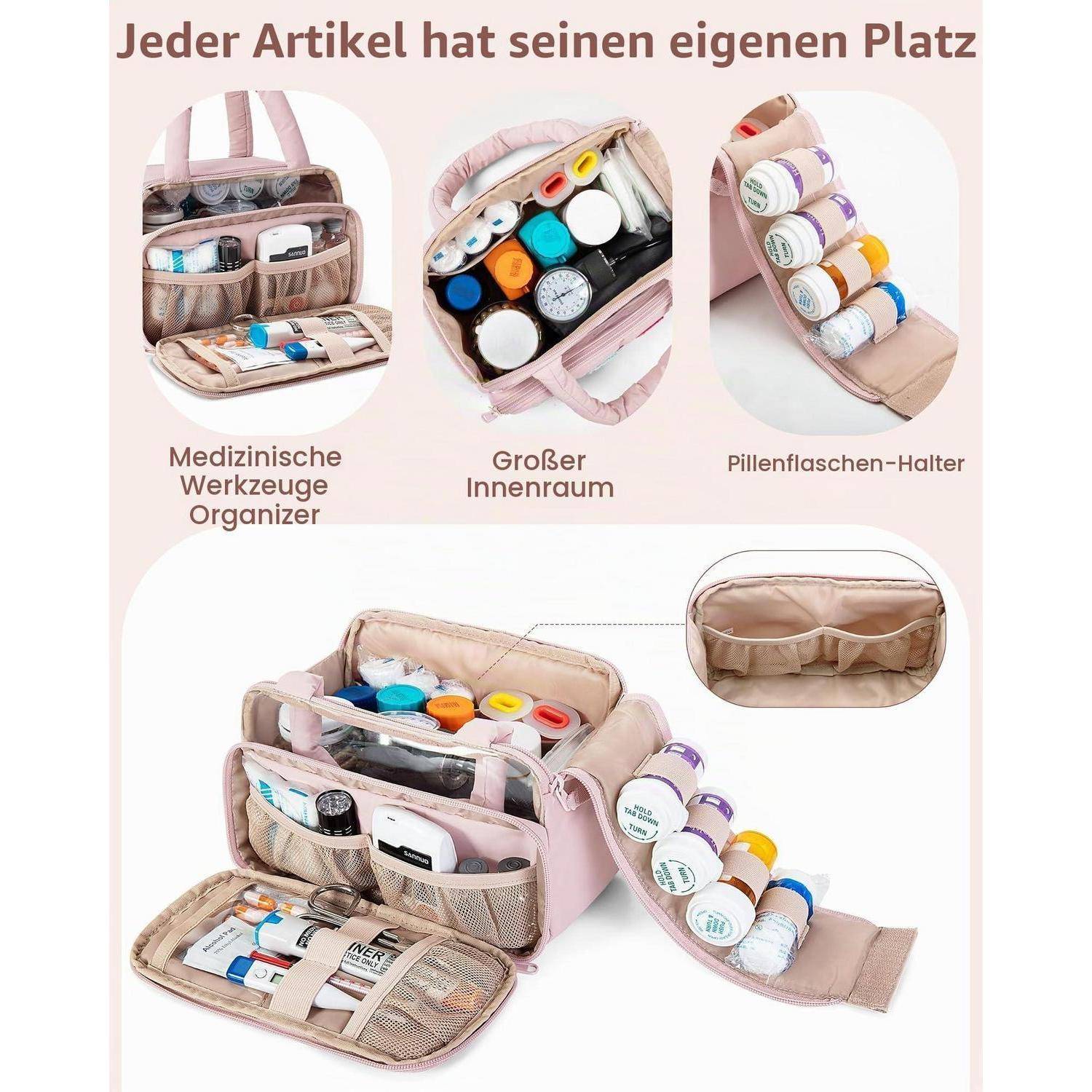 Rosafarbene medizinische Organizer-Tasche mit beschrifteten Fächern, großem Innenraum und Pillenflaschenhalter; Text besagt „Jeder Artikel hat seinen eigenen Platz" und hebt hervor, dass jeder Gegenstand seinen eigenen Platz hat.